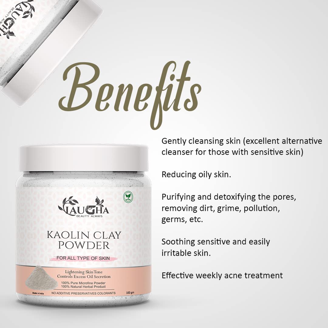 Laugha Kaolin Clay Powder for Skin Whitening & Brightening - 100gm Face Mask for Clear, Flawless Skin | Men & Women | Natural Skin Care | Perfect for Detox, Acne Treatment & Glowing Complexion
