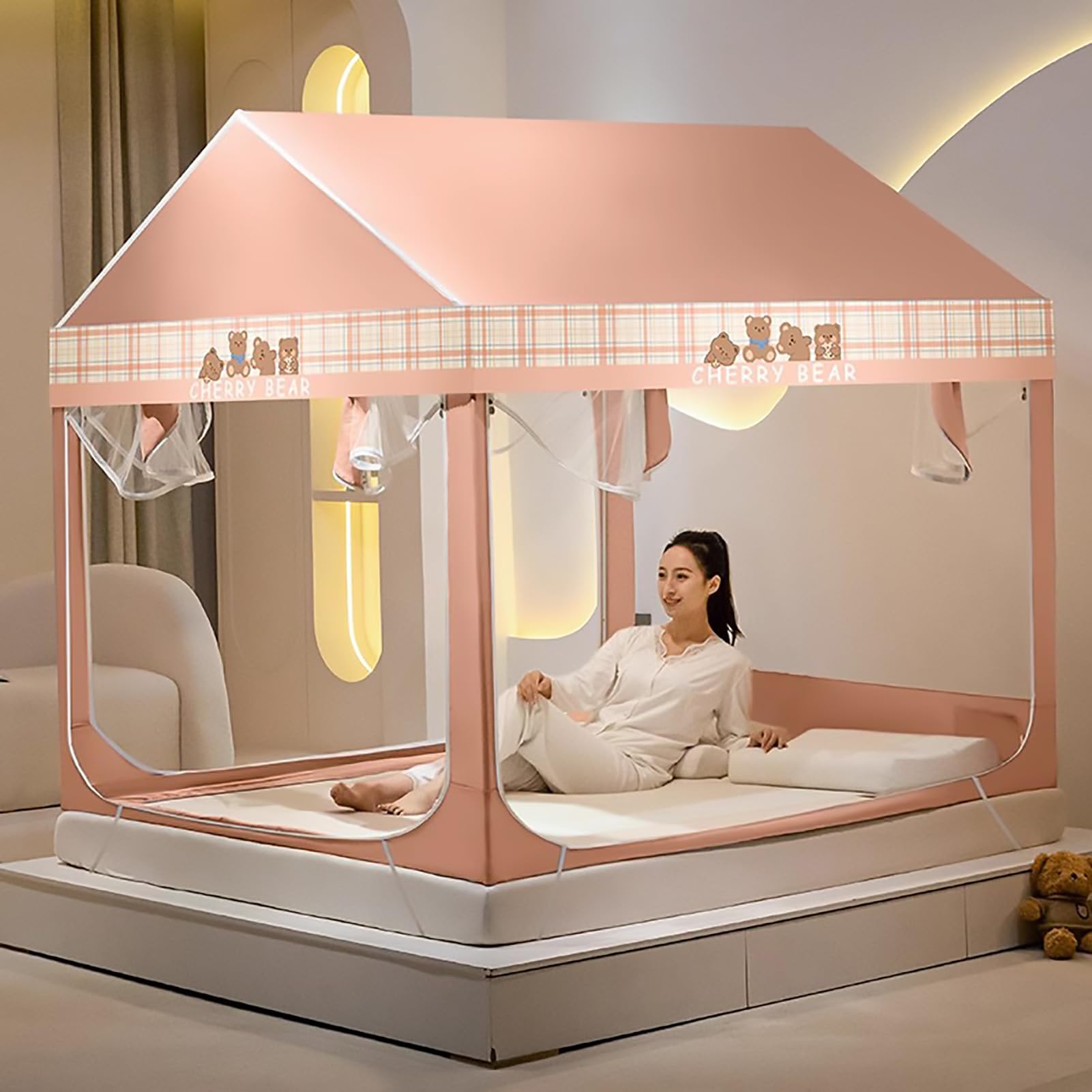 Leodrun Mosquito Net Bed Canopy - Portable Castle Tent for Double Bed, Collapsible Play Tent with Pink Curtains (200x220x180cm) - Indoor Sleeping Protection for Adults & Kids - Perfect for Bedrooms, Camping & Nursery Decor