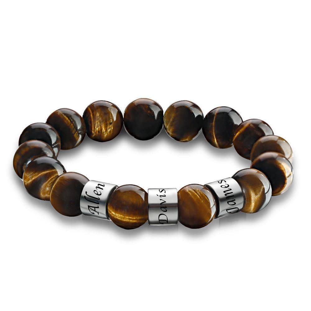 Personalized Men's Bracelet with Engraved Name Beads - Tiger Eye, Lava Rock & Agate Beads - Anxiety Relief & Aromatherapy Diffuser - Stretchable Elastic Band - Unique Gift for Him, Boyfriend, Husband - Perfect for Meditation, Stress Relief & Everyday Wear
