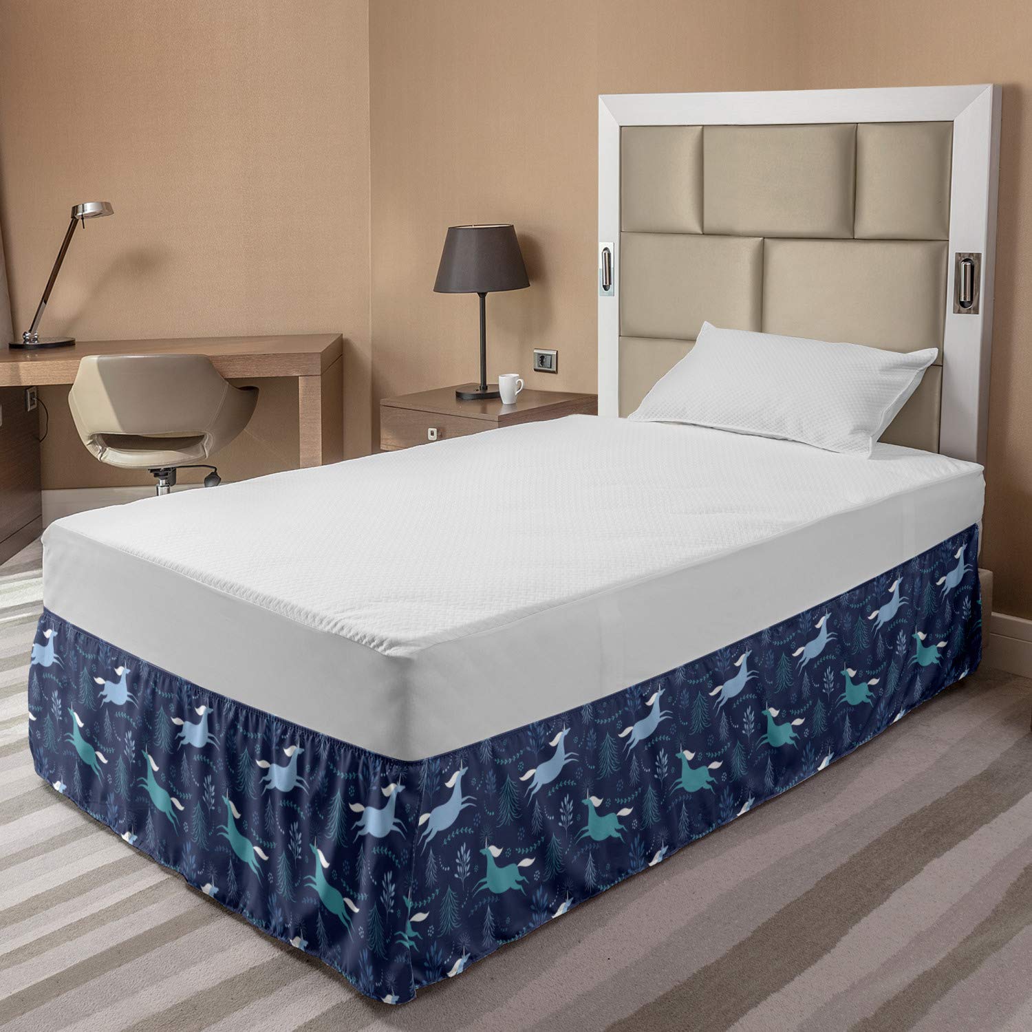 Ambesonne Unicorns Bed Skirt - Fantasy Floral Design Wrap Around Elastic Gathered Bedroom Decor for Twin/Twin XL Beds in Dark Lavender Sky Blue | Perfect for Kids' Rooms, Fantasy Themed Bedrooms & Whimsical Home Decor