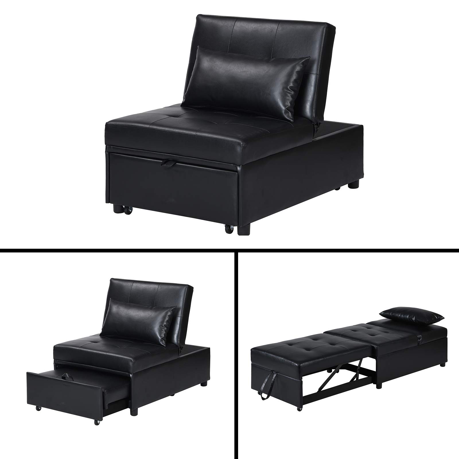 4-in-1 Convertible Faux Leather Sofa Bed - Foldable Ottoman Sleeper with Pillow for Small Spaces | Multi-Functional Recliner Chair for Living Room, Apartment & Guest Room (Space Saving Furniture Solution)