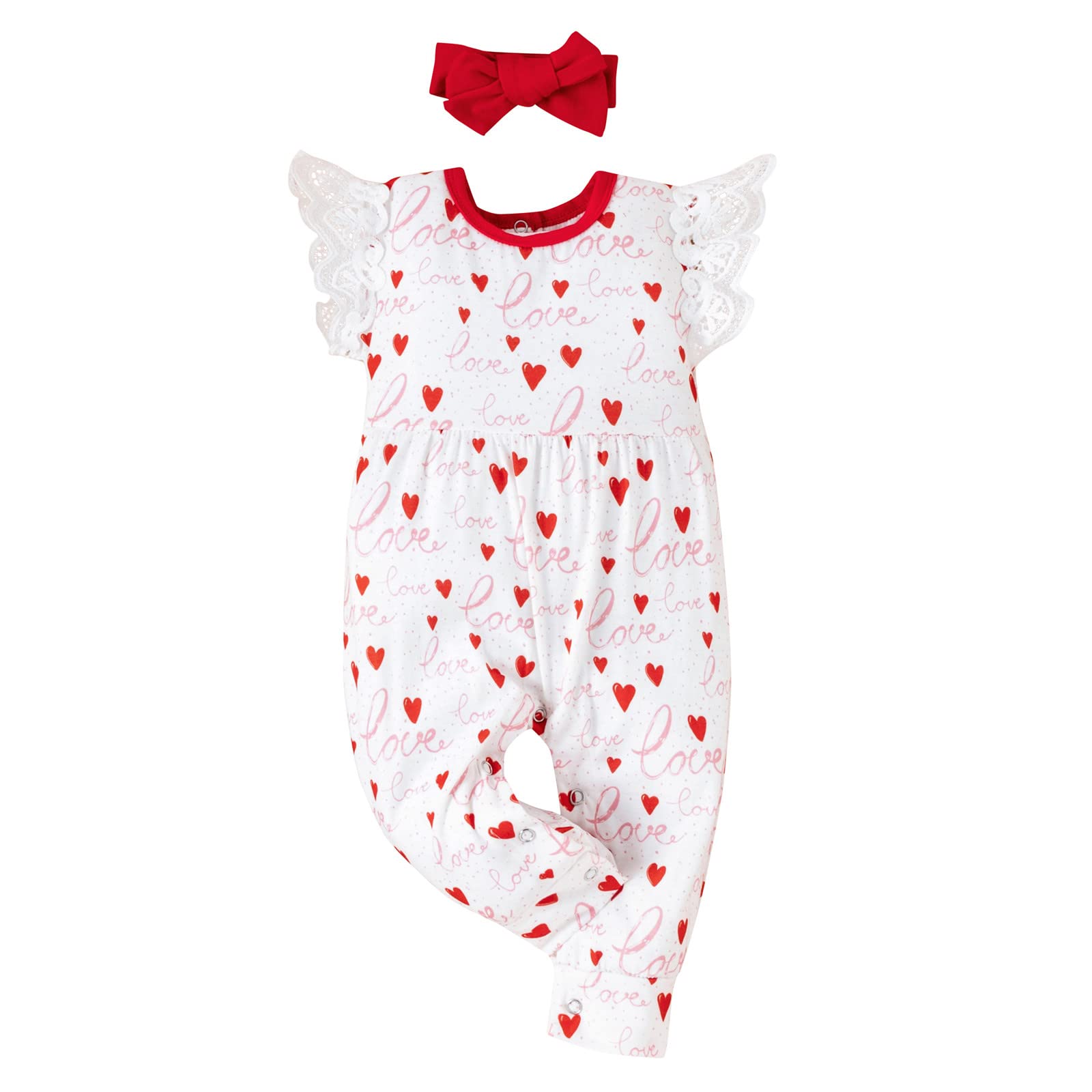 Valentine's Day Baby Girl Romper Outfit - Heart Print Jumpsuit with Headband | Cute Infant Clothes for Summer & Special Occasions | Perfect for Photo Shoots, Parties & Family Gatherings