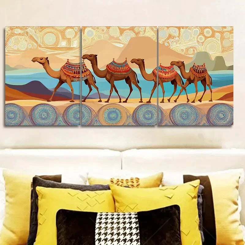 3-Piece Desert Sunset Wall Art - Metal Print with Camels & Dunes, Ready to Hang - Perfect for Living Room, Bedroom & Office Decor