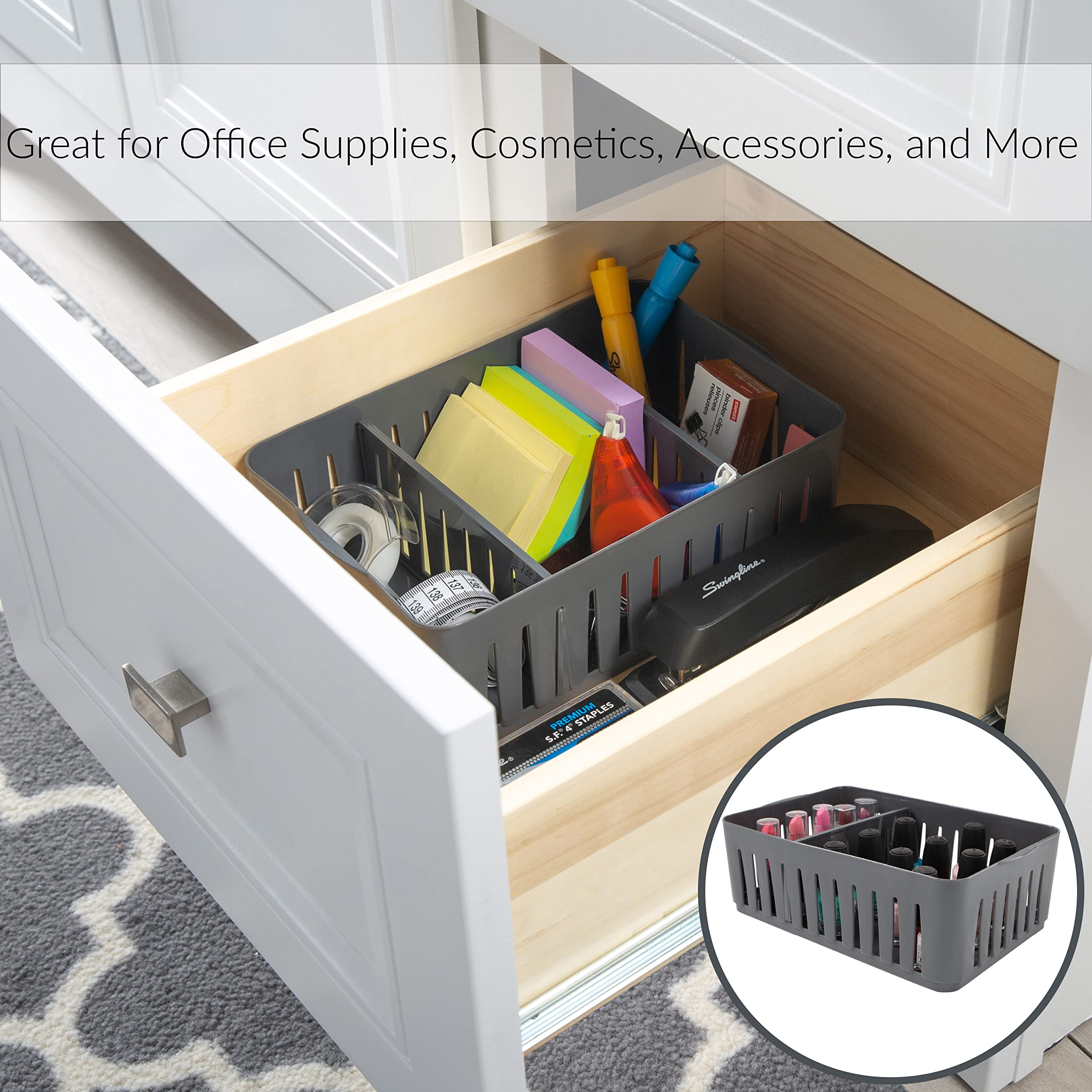 4 Pack Stackable Storage Bins with Adjustable Dividers - 3 Compartment Drawer Organizer for Office, Desk, Dorm & Bathroom | Perfect for Makeup, Accessories & Supplies | Space-Saving Grey Storage Baskets for Home Organization