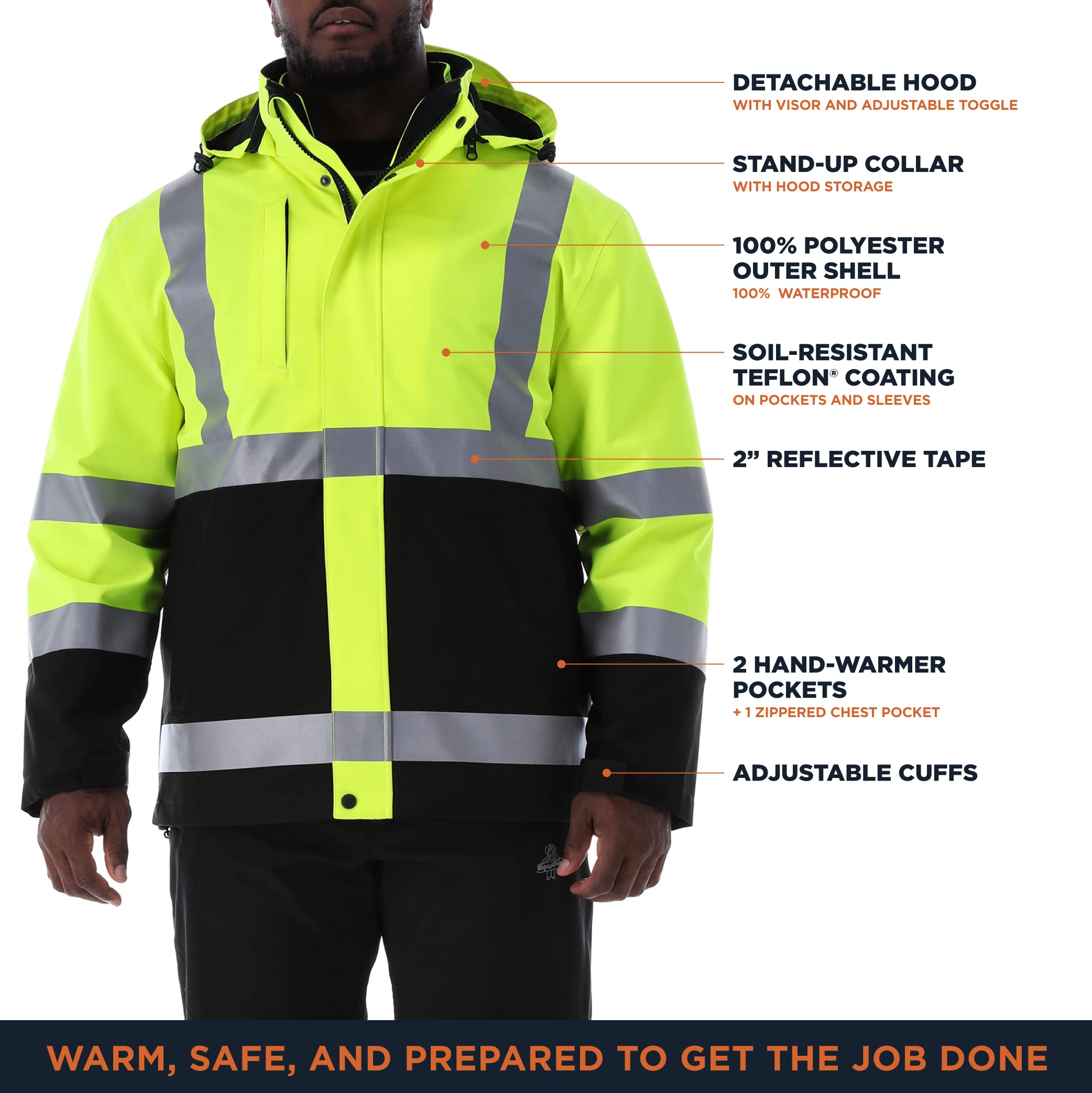 RefrigiWear Hivis 3-in-1 Insulated Rainwear Jacket - ANSI Class 2 High Visibility Safety Jacket with Reflective Tape for Construction, Road Work & Outdoor Winter Activities