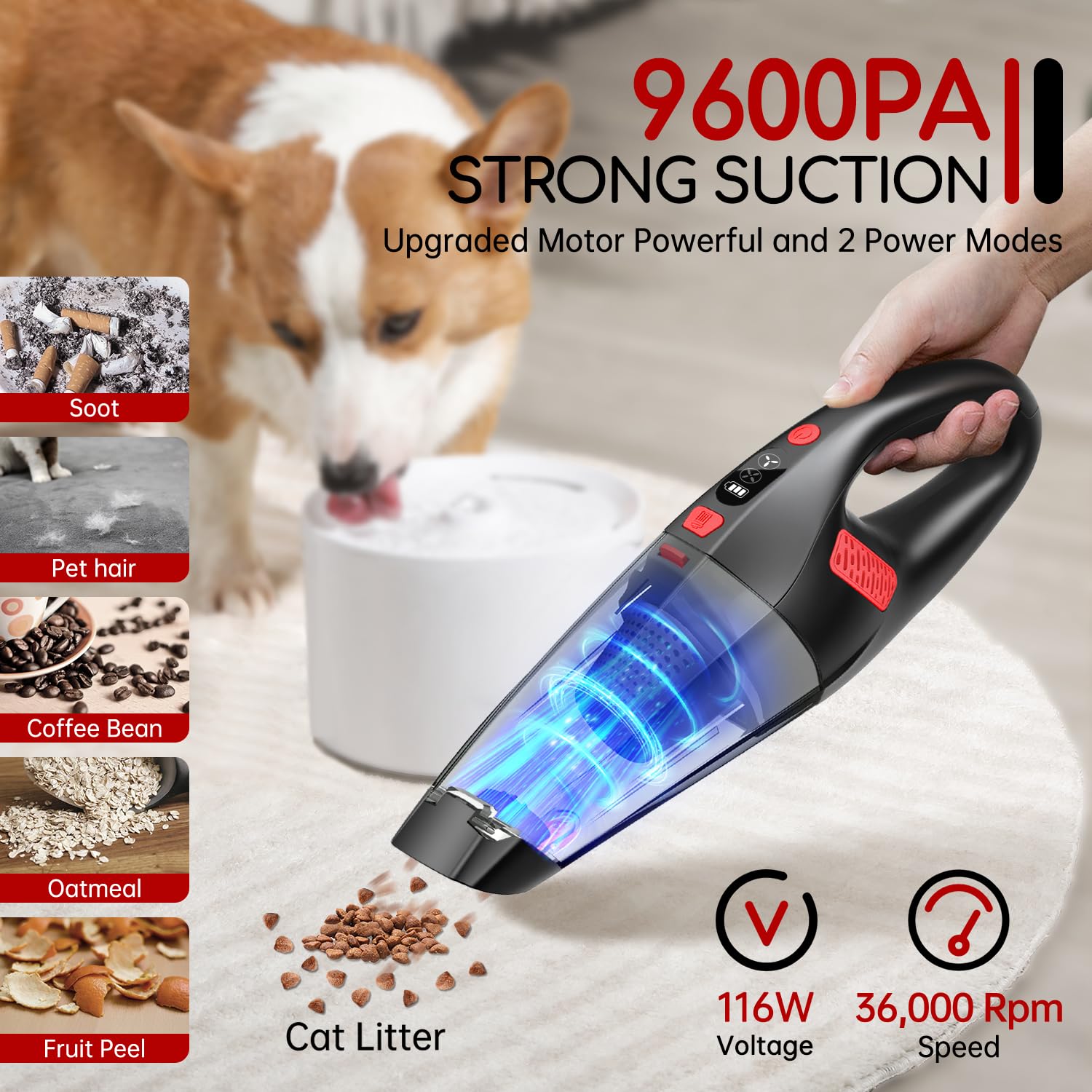 Cordless Handheld Vacuum Cleaner - 9.6Kpa Powerful Suction, HEPA Filtration, 16.9oz Dust Cup, Lightweight 2lbs, <75dB Low Noise | Dual-Function Crevice & Sofa Brush, 25-Min Battery Life | Perfect for Car Cleaning, Pet Hair Removal & Home Use
