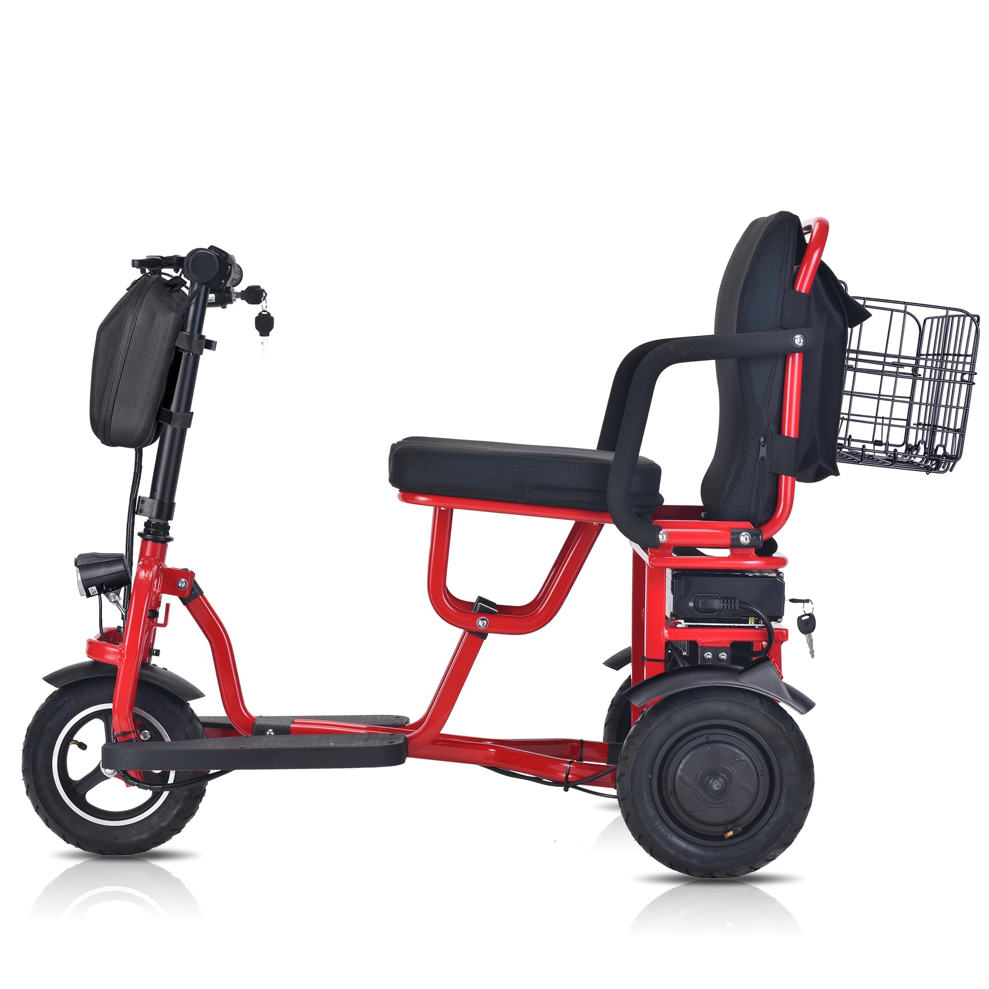 3-Wheel Folding Electric Mobility Scooter for Adults & Seniors - Lightweight Travel Scooter with Basket, 300lb Weight Capacity, 20-Mile Range (Red) - Perfect for Shopping, Travel & Outdoor Activities