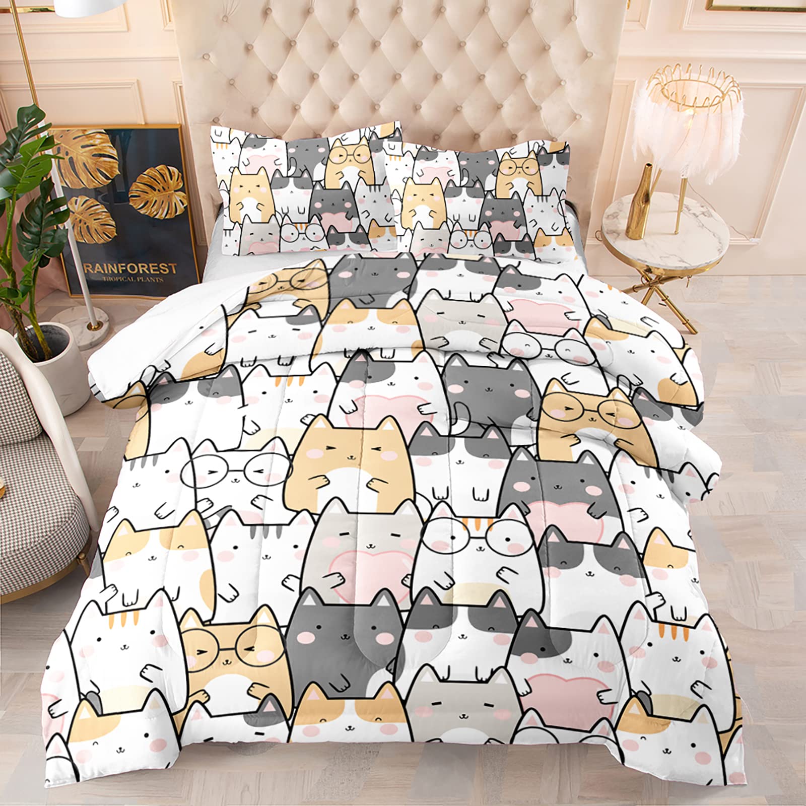 QOOMO Kawaii Cat Comforter Set Twin Size - 3 Piece Soft & Lightweight Down Alternative Bedding with 2 Pillowcases for Kids, Teens, Boys & Girls - Cute Printed Cat Design for Cozy Bedroom Decor & Sleepovers
