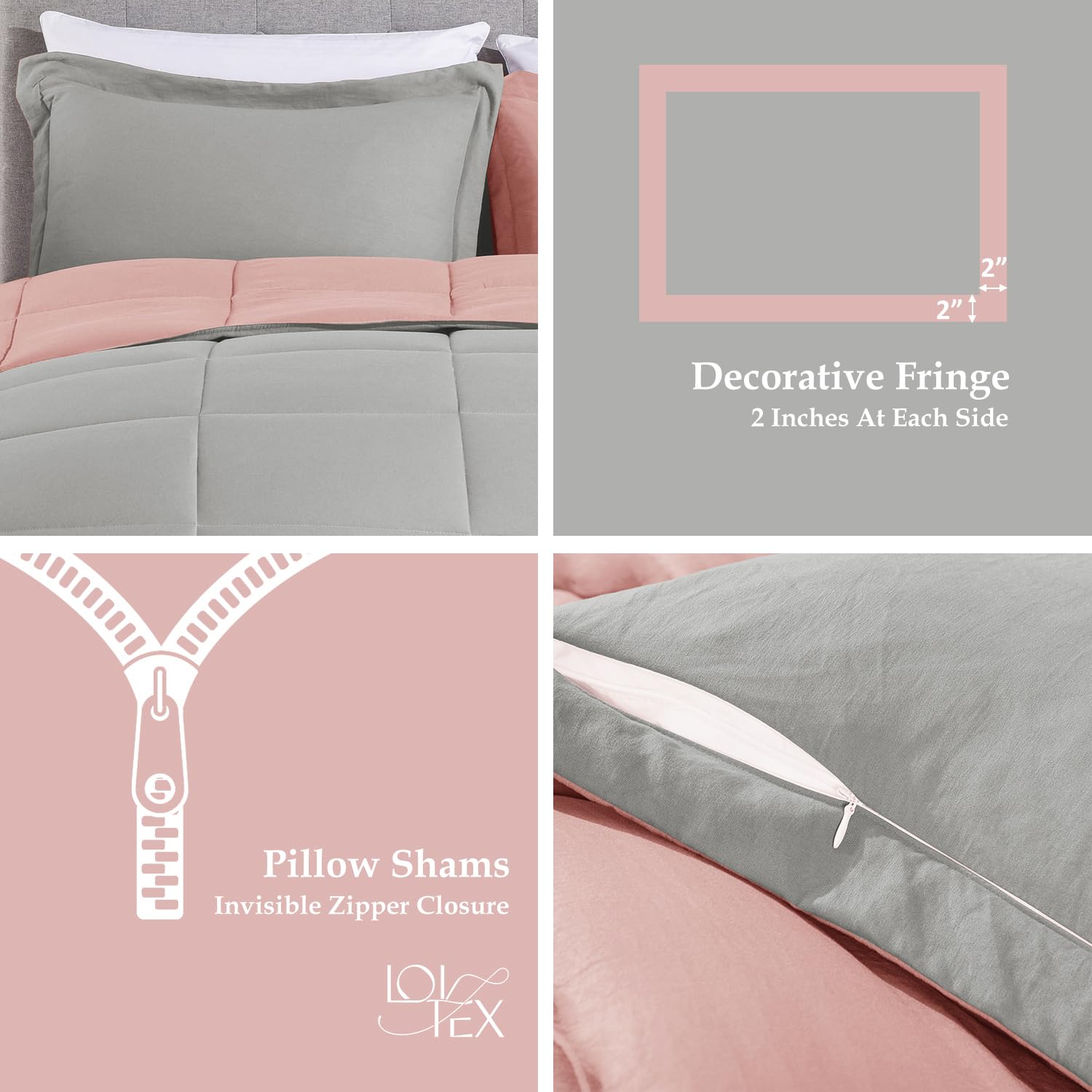 LOVTEX 3-Piece Pink and Gray Reversible Comforter Set - Ultra Soft Washed Microfiber Queen Bedding - Down Alternative Comforter with 2 Pillow Shams (Pink/Grey) - Perfect for Cozy Bedrooms, Guest Rooms & Dorm Decor