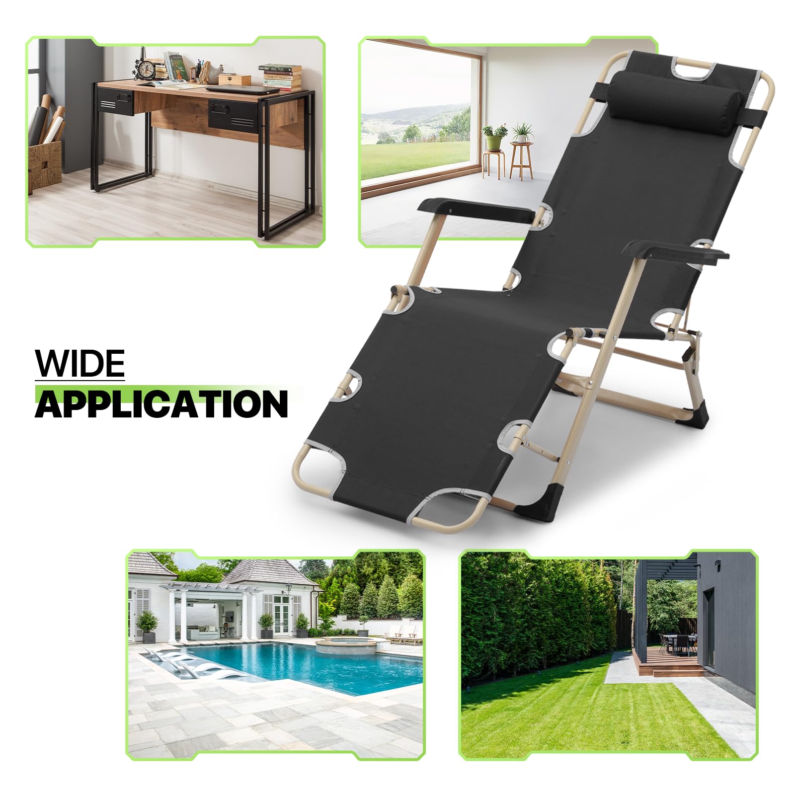 Magshion Patio Folding Lounge Chairs - Portable Outdoor Recliners with Adjustable Headrest & Anti-Slip Feet - 300 lbs Capacity Lawn Chairs for Deck, Beach, Yard, Poolside & Garden Relaxation (Black)