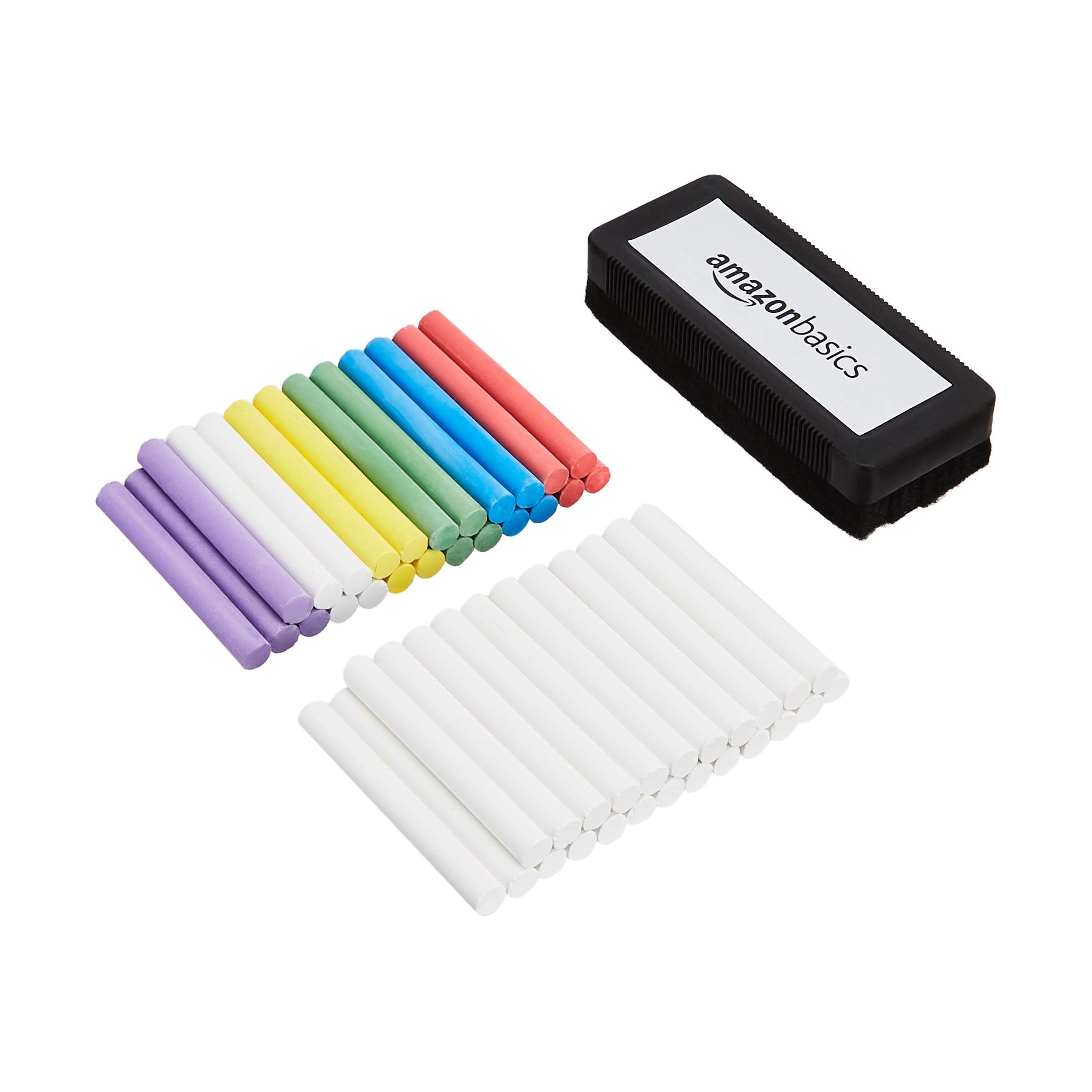 Amazon Basics Dustless Chalk with Eraser - 48 Pack (Assorted & White Colors) for Classroom, Sidewalk, and Home Use - Non-Toxic & Low Mess School Supplies