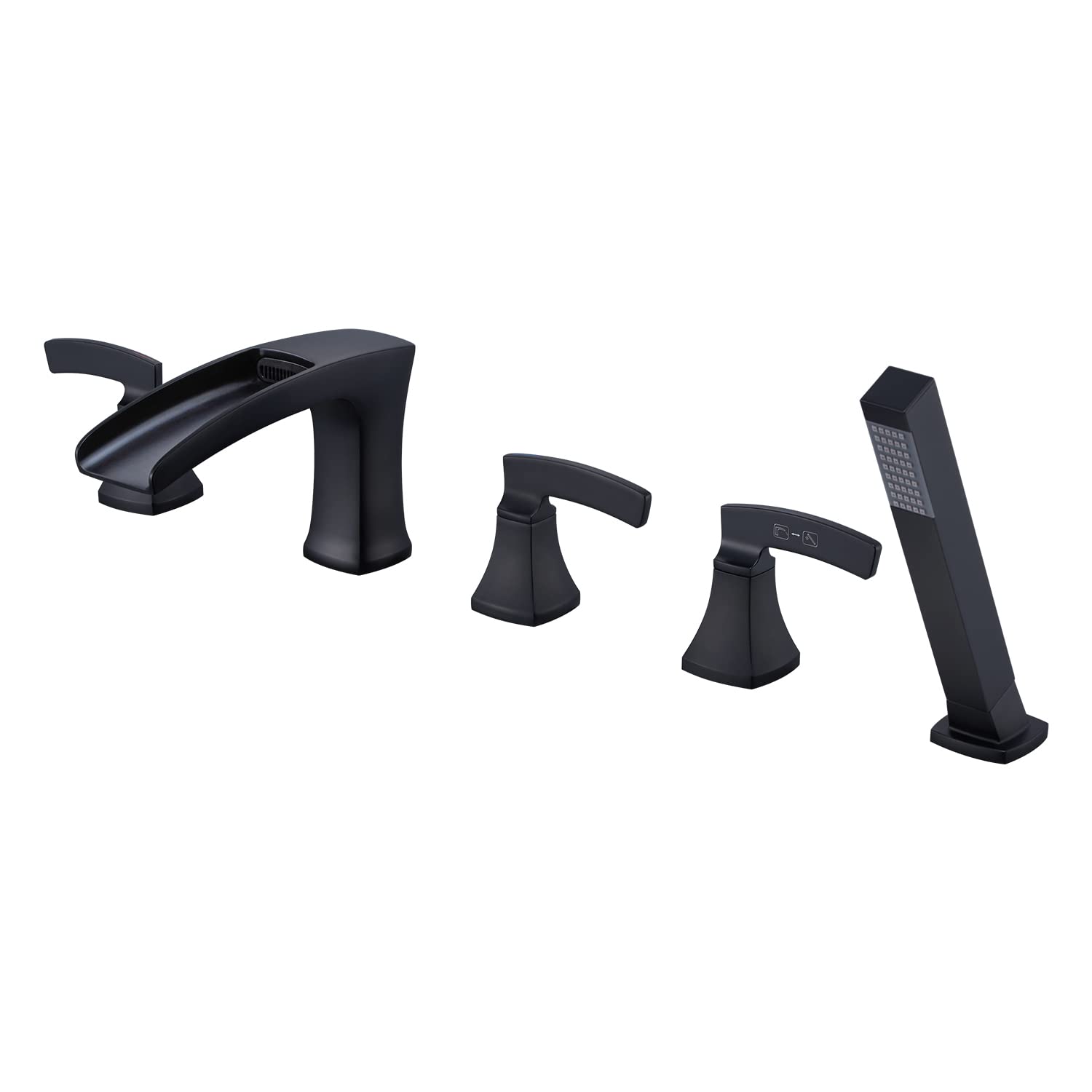 Black Roman Tub Faucet Waterfall Deck Mount Bathtub Filler - 5 Hole Brass Bathroom Faucet with Hand Shower for Luxury Spa Experience | Perfect for Master Bathrooms & Freestanding Tubs