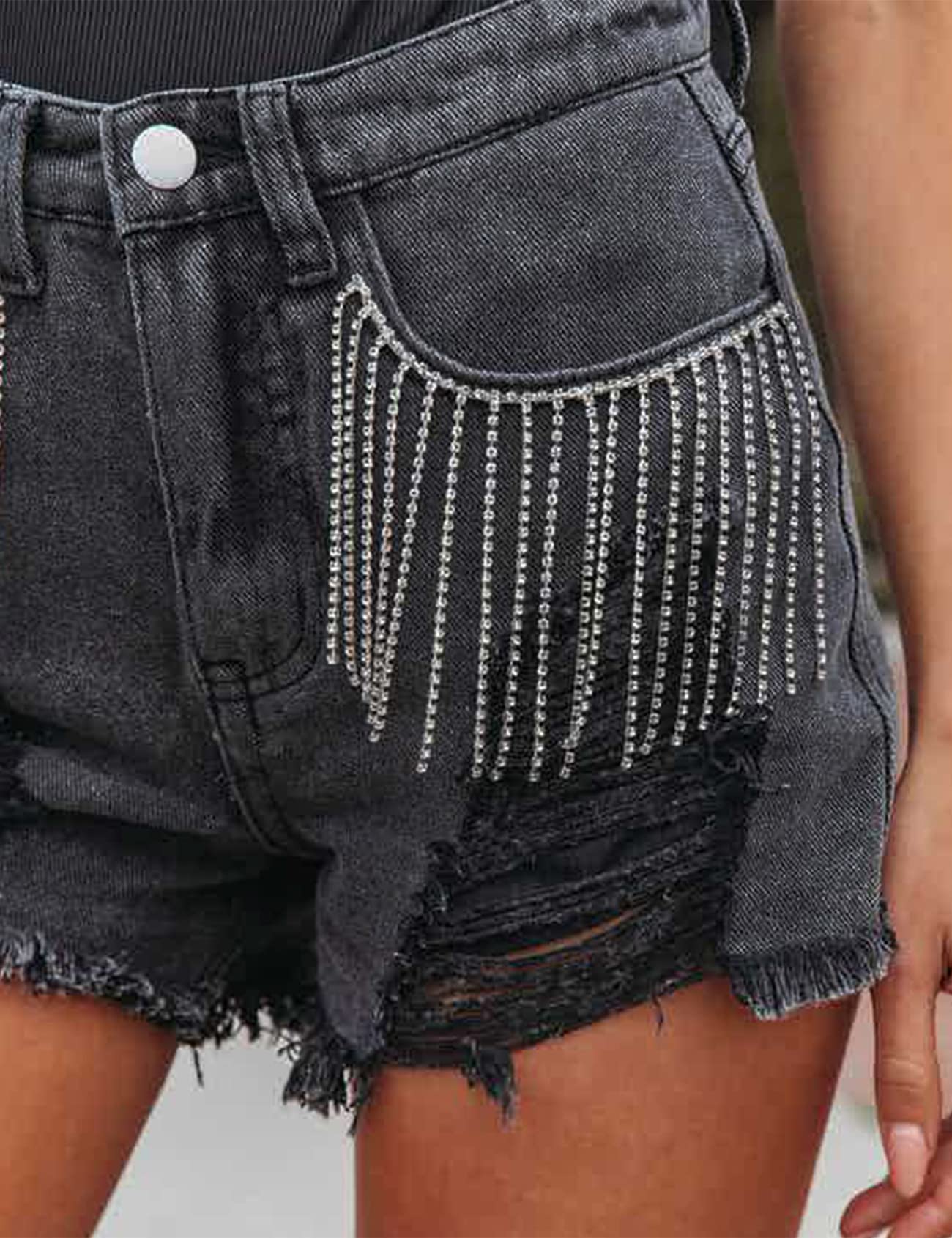 Women's Rhinestone Denim Shorts - Mid Rise Ripped Hem Distressed Fringe Jeans Shorts for Casual Wear | Perfect for Summer Outfits, Beach Vacations & Music Festivals