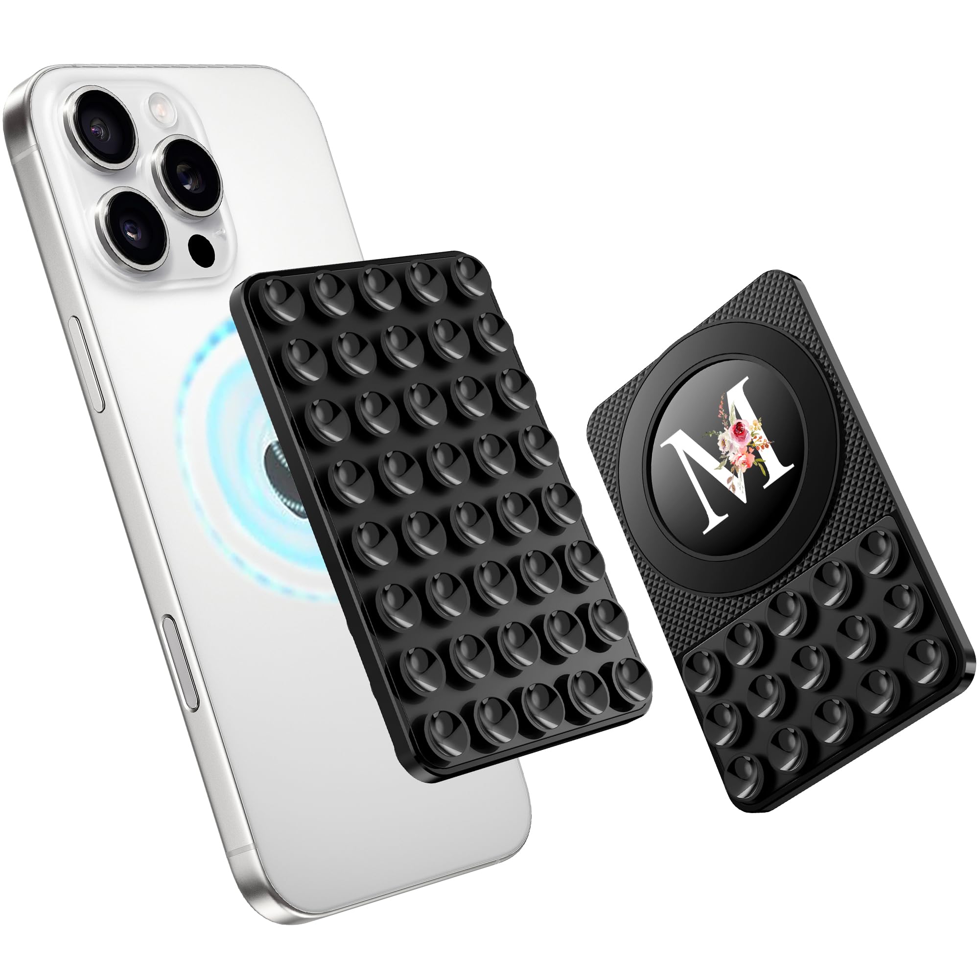 Strong Suction Cup Phone Mount with Magnetic Ring - Silicone Sticky Grip for iPhone & Android - Double Sided Phone Holder for Selfies, Videos & TikTok - Black Floral Design - Perfect for Car Dashboard, Office Desk & Home Use