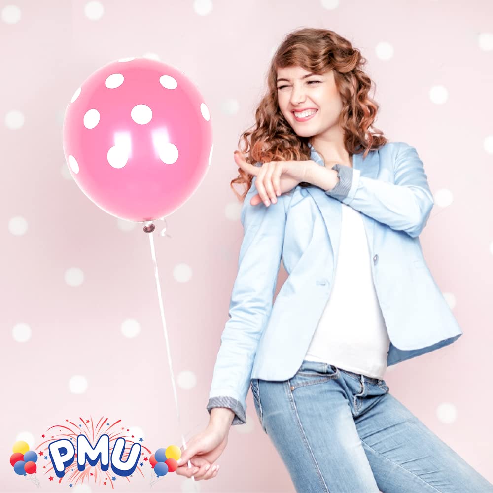Premium 11 Inch Pink Polka Dot Balloons with White Dots - Pack of 50 for Birthday Parties, Baby Showers & Wedding Decorations | PMU PartyTex All-Over Print Balloons