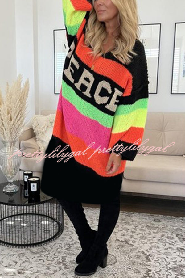 True Faith Knit Peace Pattern Color Blocks Loose Midi Sweater Dress - Cozy Casual Wear for Fall & Winter, Perfect for Office, Date Night and Weekend Outings