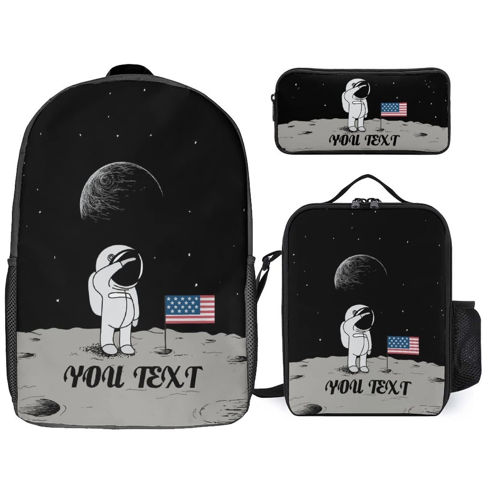 Custom Personalized Astronaut Moon Backpack Set - 3-Piece School Bag with Lunch Box & Pencil Case for Boys & Girls | Unique Name Embroidery | Space-Themed Bookbag for School, Travel & Outdoor Adventures