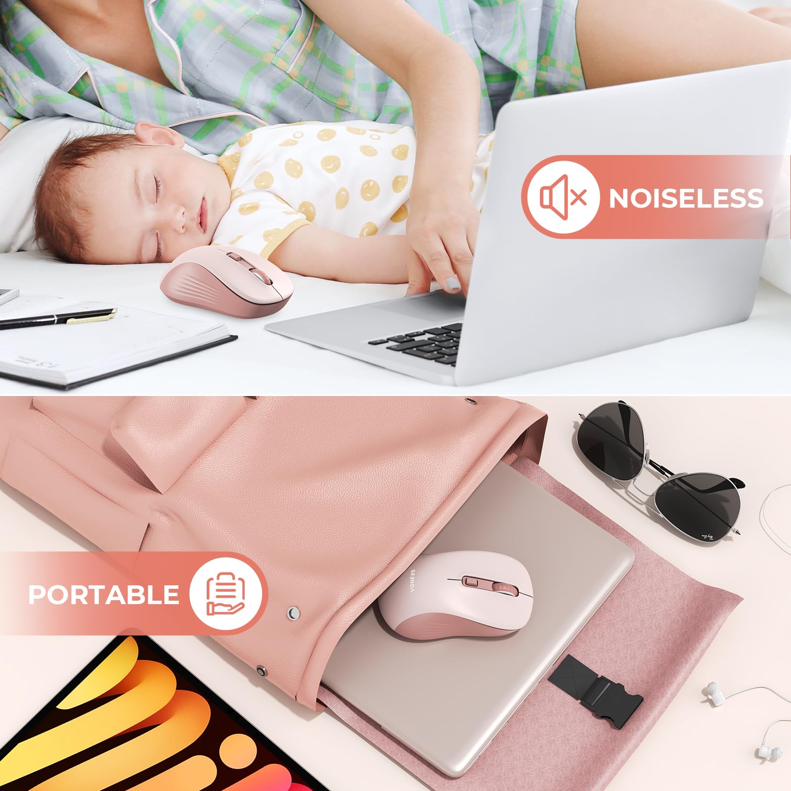 Seenda Wireless Bluetooth Mouse for Laptop - Dual Mode (Bluetooth & 2.4G USB) Ergonomic Computer Mouse Compatible with MacBook, Windows PC - Pink | Perfect for Office Work, Home Use & Travel