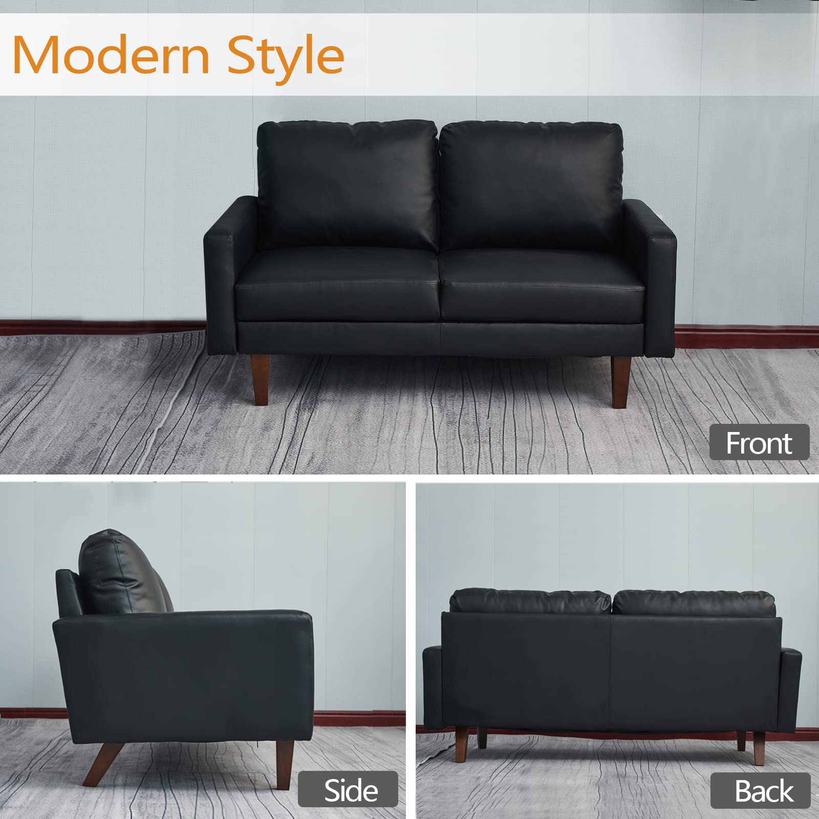 Premium Black Leather Loveseat Sofa - Modern Comfortable 2-Seater Couch with Sturdy Wooden Legs for Living Room, Office & Small Spaces - Perfect for Relaxing, Entertaining & Home Decor