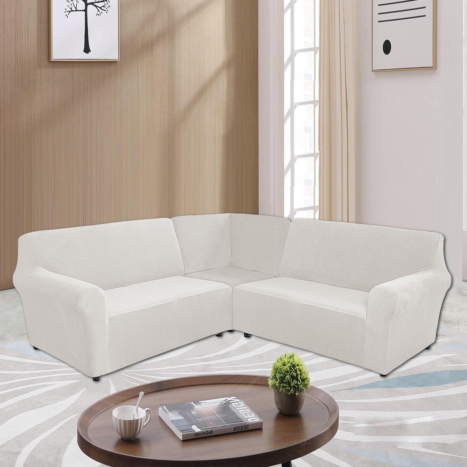 ELEOPTION 5-Piece L-Shaped Sectional Sofa Cover - Soft Velvet Stretch Slipcover for Corner Couch, Washable Furniture Protector in White - Perfect for Living Room, Family Room & Home Theater