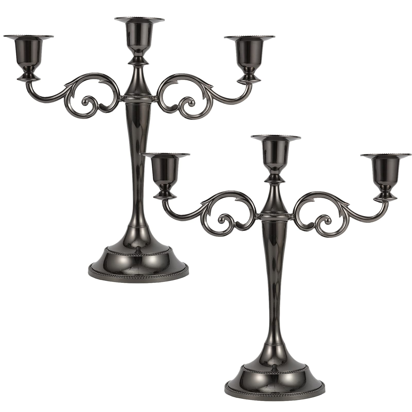 Dyna-Living 3-Candle Metal Candelabra Holder - Black Tall Candlestick Stand for Long Candles, Wedding, Party, Anniversary Decor - Elegant Centerpiece for Dining Table, Fireplace Mantel & Holiday Decorations (2 Pack)