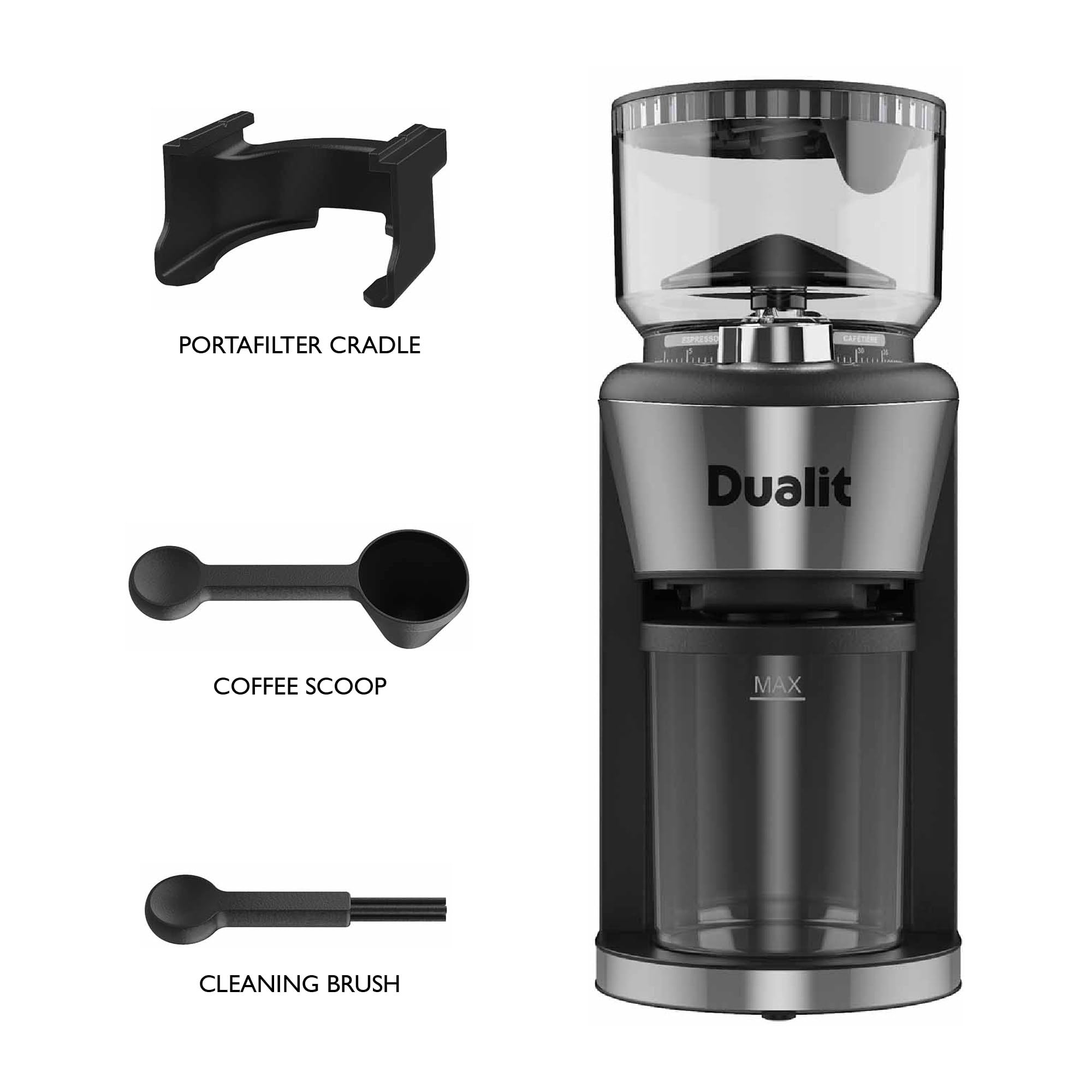 Dualit Professional Burr Coffee Grinder - 35 Precise Grind Settings for Espresso to French Press - Adjustable Portion Control & Removable Stainless Steel Conical Burrs - Easy Clean Design with Safety Lock - Perfect for Home Baristas & Coffee Shops