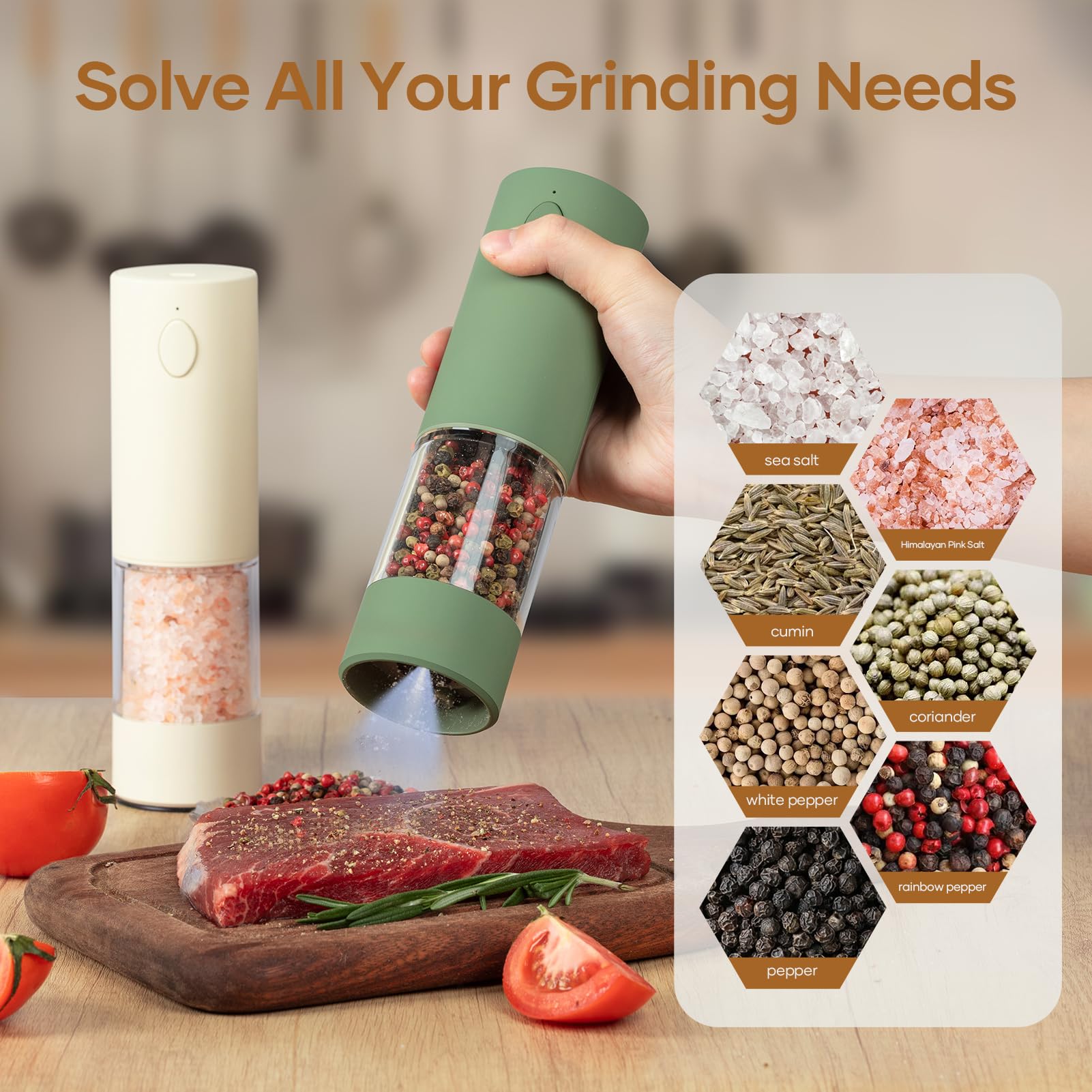 Premium Electric Salt & Pepper Grinder Set (2 Pack) - USB Rechargeable Battery, Adjustable Coarseness, One-Hand Operation with LED Light - Automatic Spice Mill for Kitchen, Dining Table, Camping & Outdoor Cooking | Perfect Gift for Home Chefs