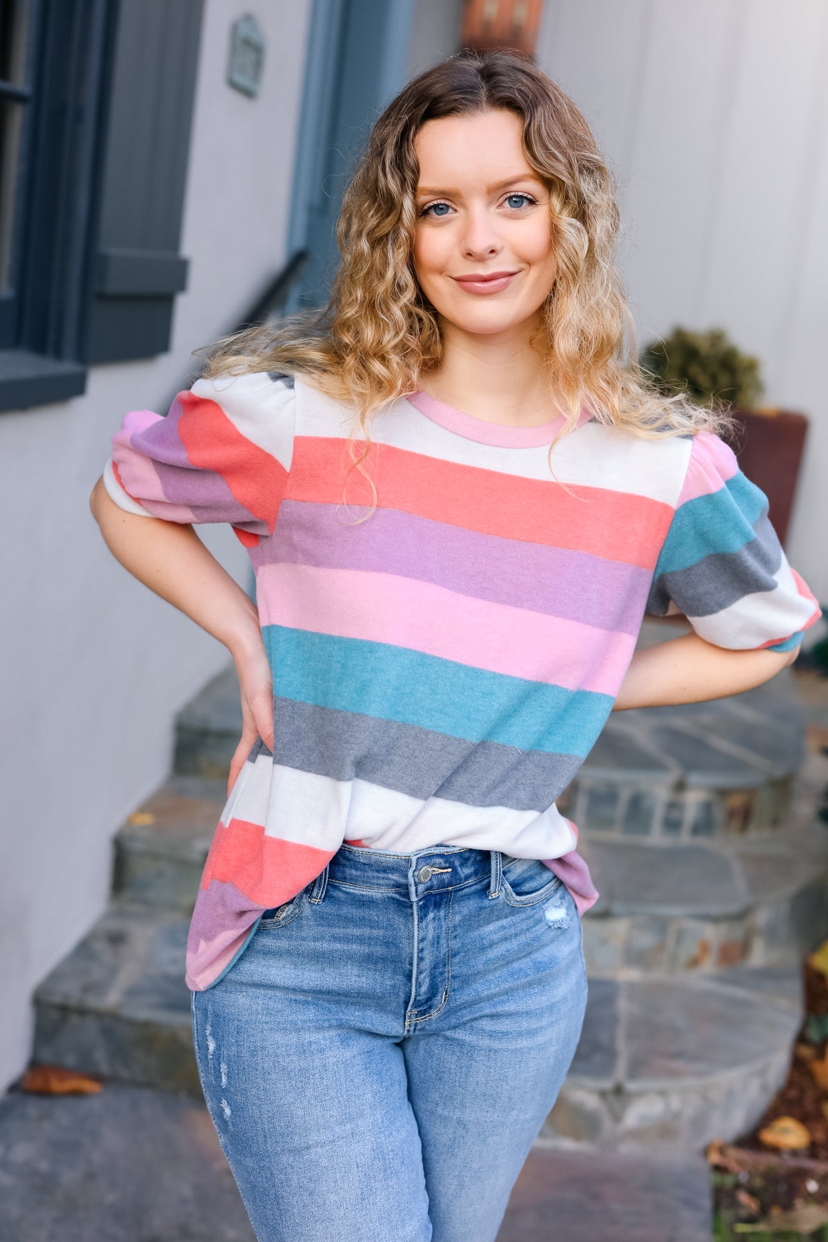 Look Out Teal & Rose Striped Hacci Knit Puff Sleeve Top | Women's Fashion Blouse | Casual & Party Wear | Perfect for Date Nights & Office Outfits