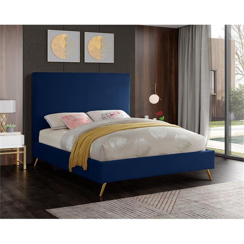 Modern Velvet Upholstered King Bed with Gold & Chrome Legs - 81