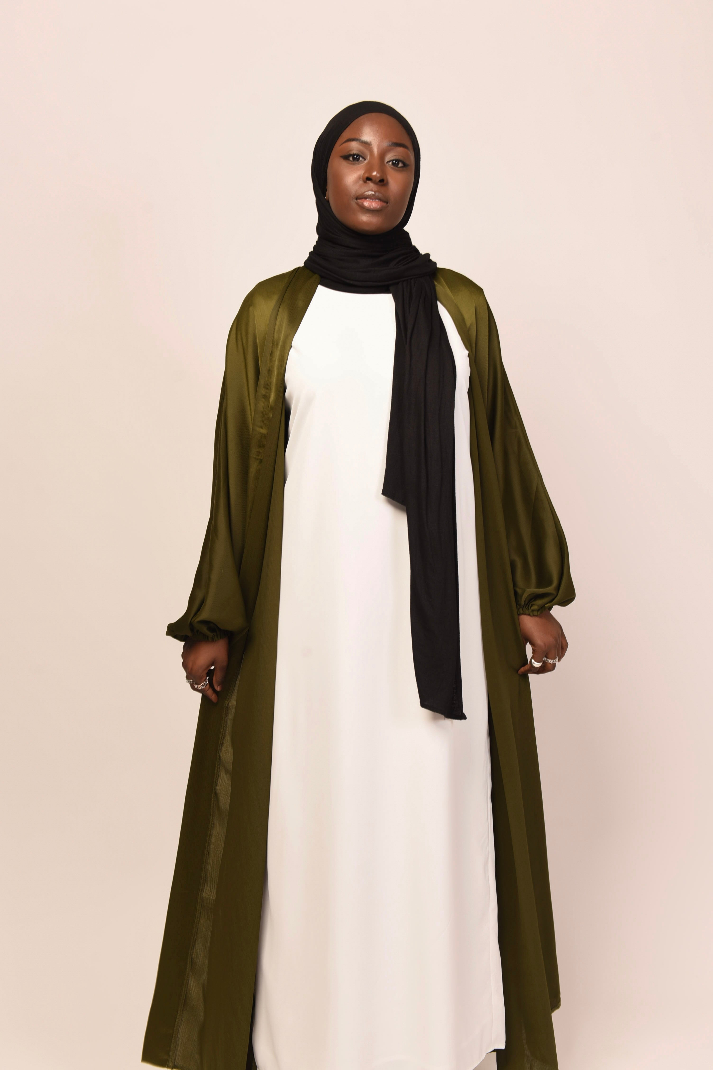 Minimalist Open Abaya Dress for Women - Olive Green Loose Flowy Muslim Prayer Robe - Perfect for Prayer, Mosque, and Casual Wear