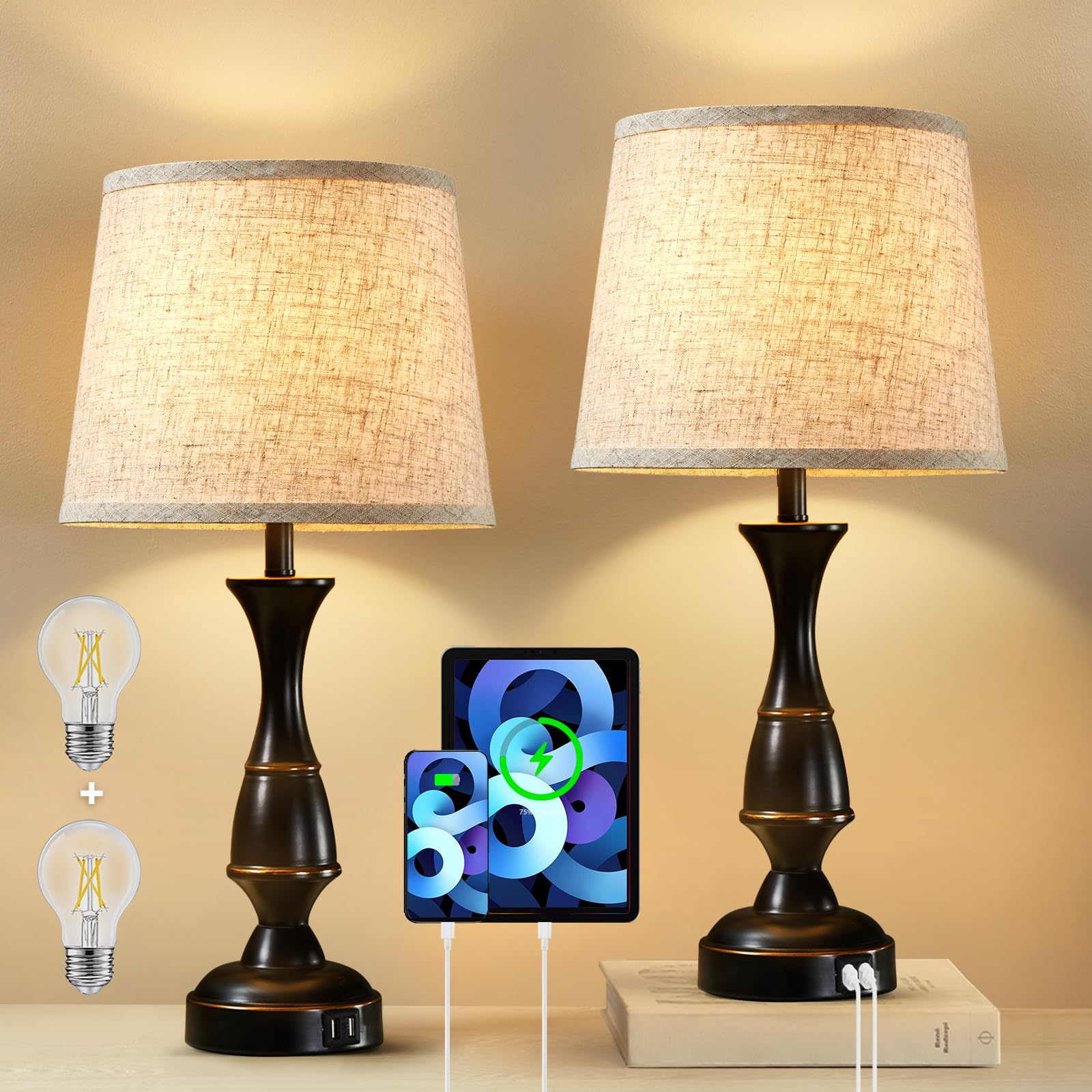 GyroVu Set of 2 Touch Control Table Lamps - 3-Way Dimmable Bedside Lamps with USB Charging Ports for Bedroom, Living Room & Office (Black, Bulbs Included) | Perfect for Night Reading, Home Decor & Workspace Lighting