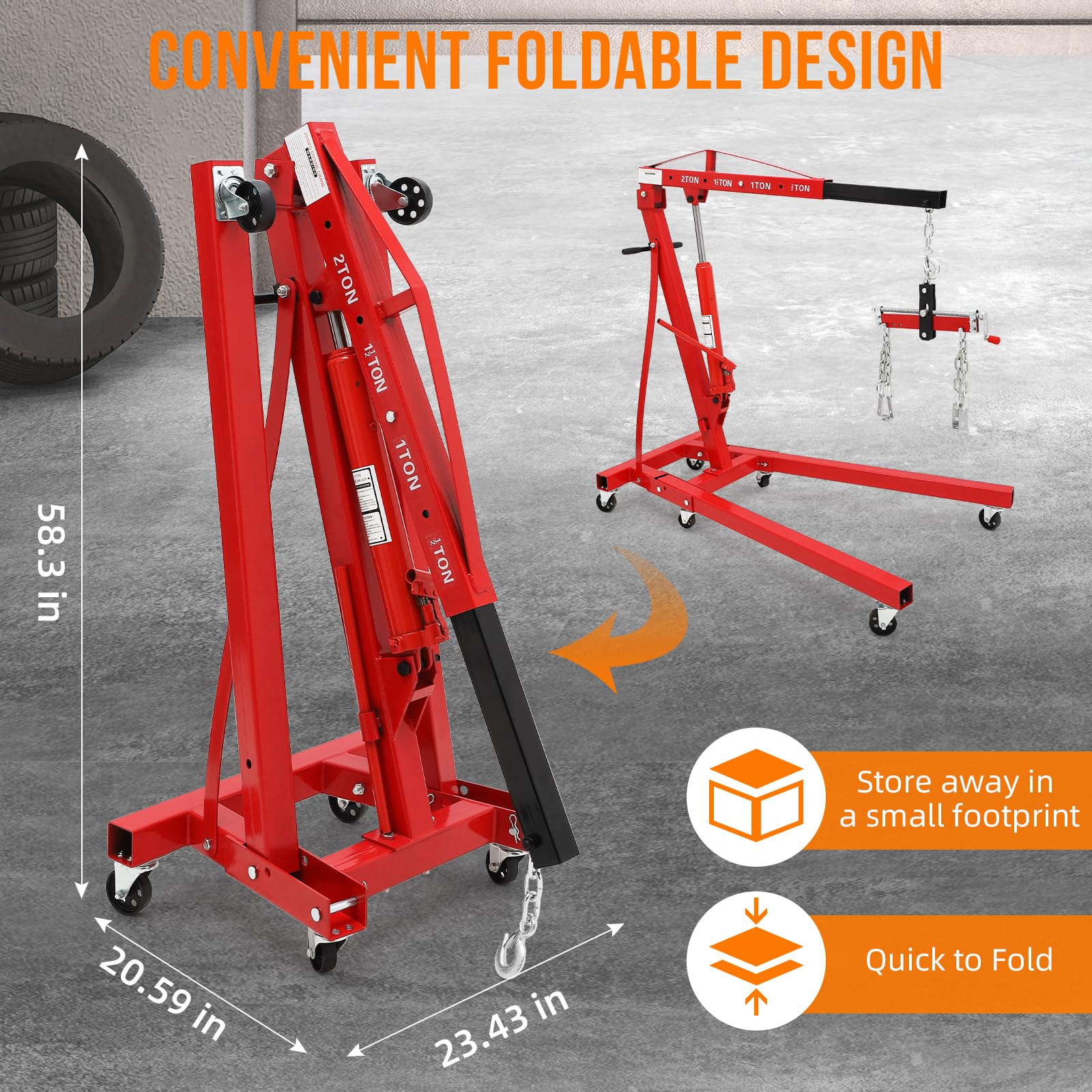 GARVEE 2 Ton Folding Hydraulic Engine Hoist with Lever - Heavy Duty Shop Crane Lift, 6-Wheel Cherry Picker for Garage & Workshop (Red) - Perfect for Auto Repair, Engine Removal, and Industrial Maintenance