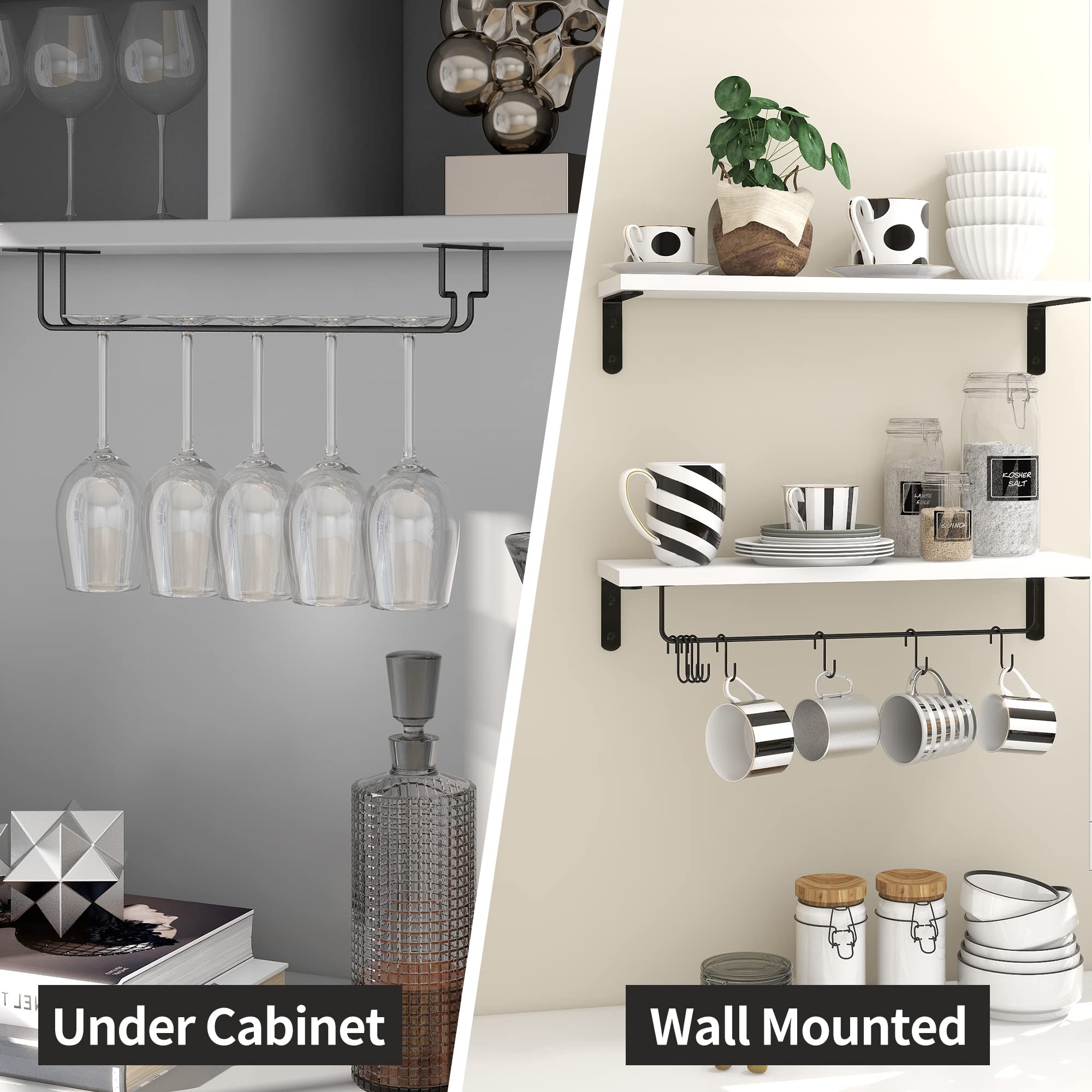 Afuly 20 Inch Wall Mounted Coffee Bar Shelf - Set of 2 Floating Shelves with 8 Hooks for Coffee Cups, Mugs & Wine Glasses - Perfect for Coffee Station, Kitchen Organization & Home Decor
