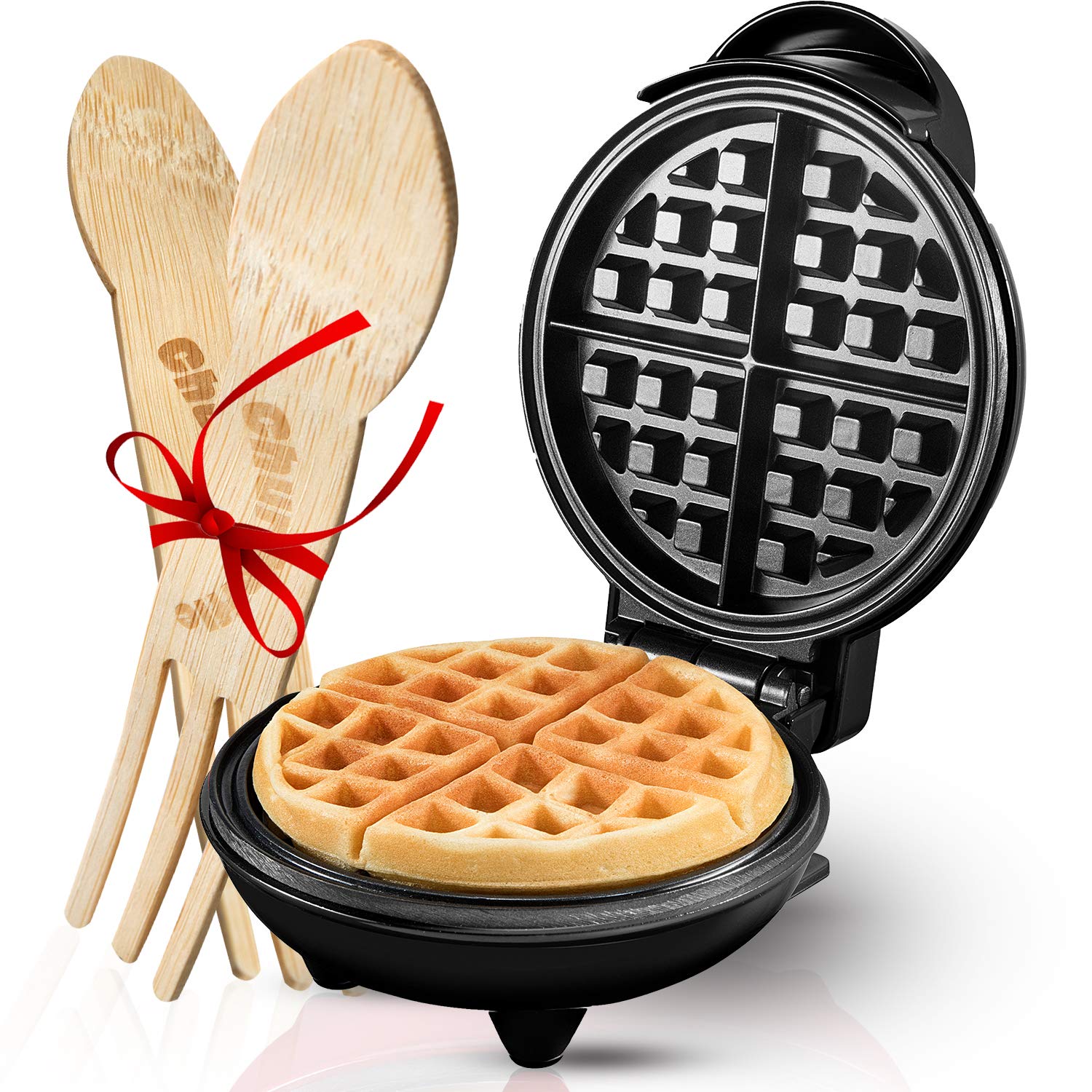 Burgess Brothers Mini Waffle Maker - 4 Inch Portable Electric Non-Stick Belgian Waffle Iron with Bamboo Sporks | Perfect for Breakfast, Camping, Dorms & Small Kitchens