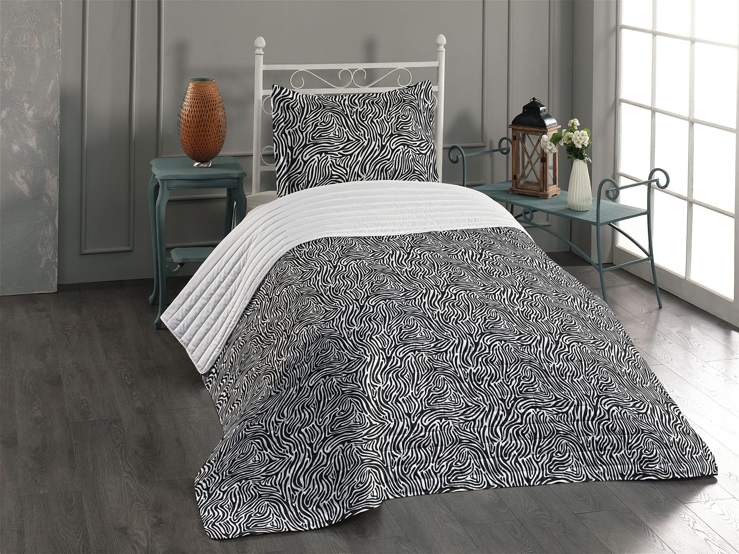 Lunarable Savannah Microfiber Bedspread Set - Wavy Zebra Stripe Animal Print Comforter & Pillow Sham, Twin Size White & Black | Soft Marbling Art Design Bedding for Modern Bedroom Decor
