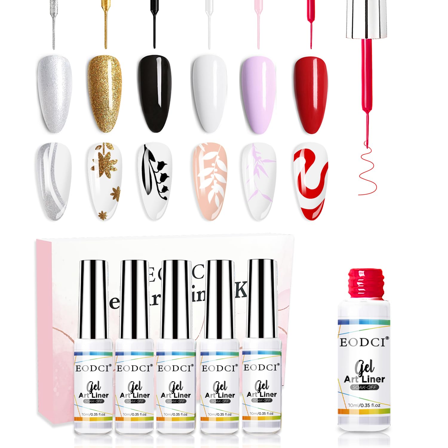 6-Piece Nail Art Liner Set - Black, White, Red, Gold & Silver Glitter Gel Polish with Thin Brush - Soak Off LED Lamp Gel Liner for Professional Manicures & Nail Designs - Perfect for Salon, Home Use & DIY Nail Art