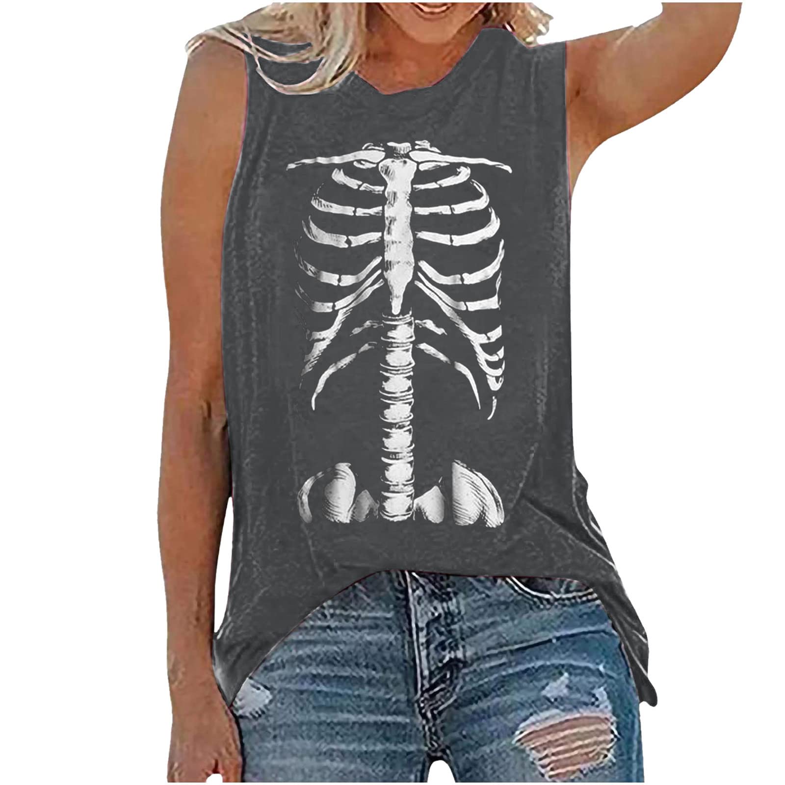 Vintage Y2K Grunge Punk Skull Tank Tops for Women - Sleeveless Crewneck Tees for Halloween, Concerts & Casual Streetwear