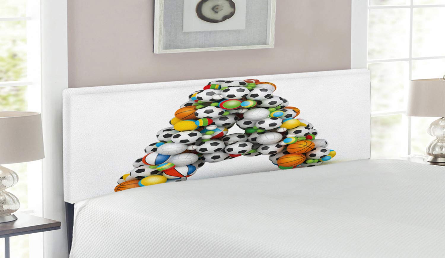Ambesonne Letter A Upholstered Headboard - Queen Size Decorative Metal Bed Frame with Memory Foam, Sports Balls Design Alphabet Theme, Multicolor - Perfect for Kids' Room, Dorm Decor & Sports-Themed Bedrooms
