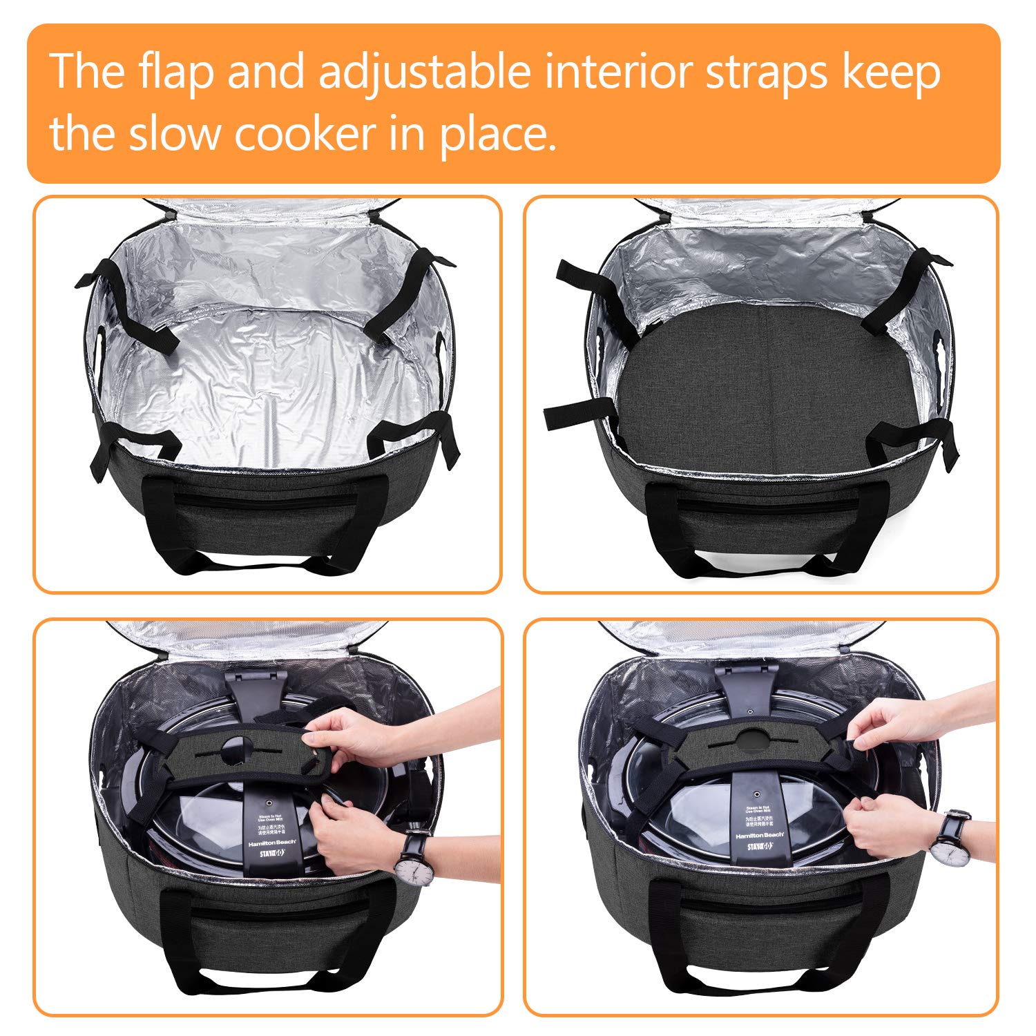 LUXJA Insulated Slow Cooker Bag with Bottom Pad & Lid Straps - Portable Thermal Carrier for 6-8 Quart Oval Slow Cookers (Black) - Perfect for Potlucks, Picnics & Keeping Meals Warm at Parties