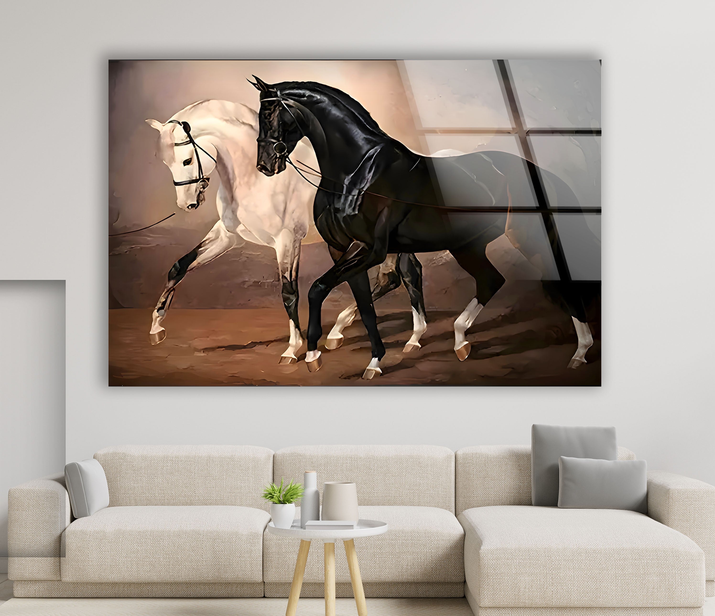 Elegant Black & White Horses Glass Wall Art - Modern Home Decor for Living Room, Bedroom & Office - Perfect Gift for Art Lovers