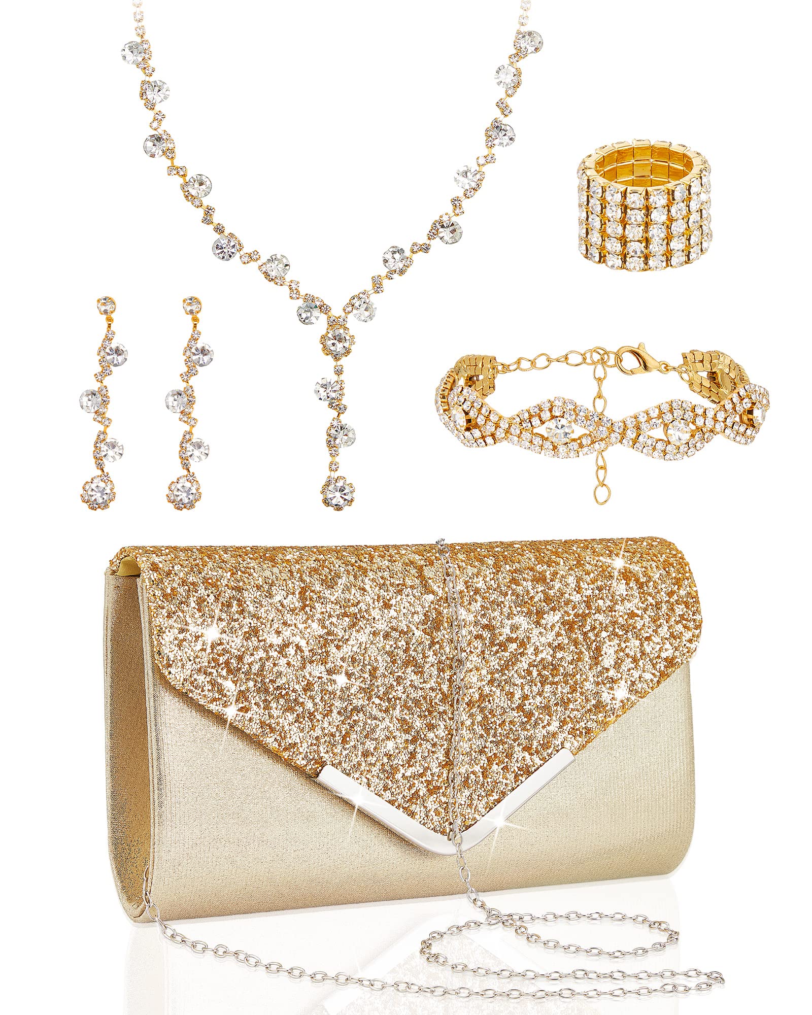 Henoyso 5-Piece Rhinestone Jewelry Set with Clutch Purse - Necklace, Earrings & Bracelet for Women | Bridal, Prom & Evening Party Accessories