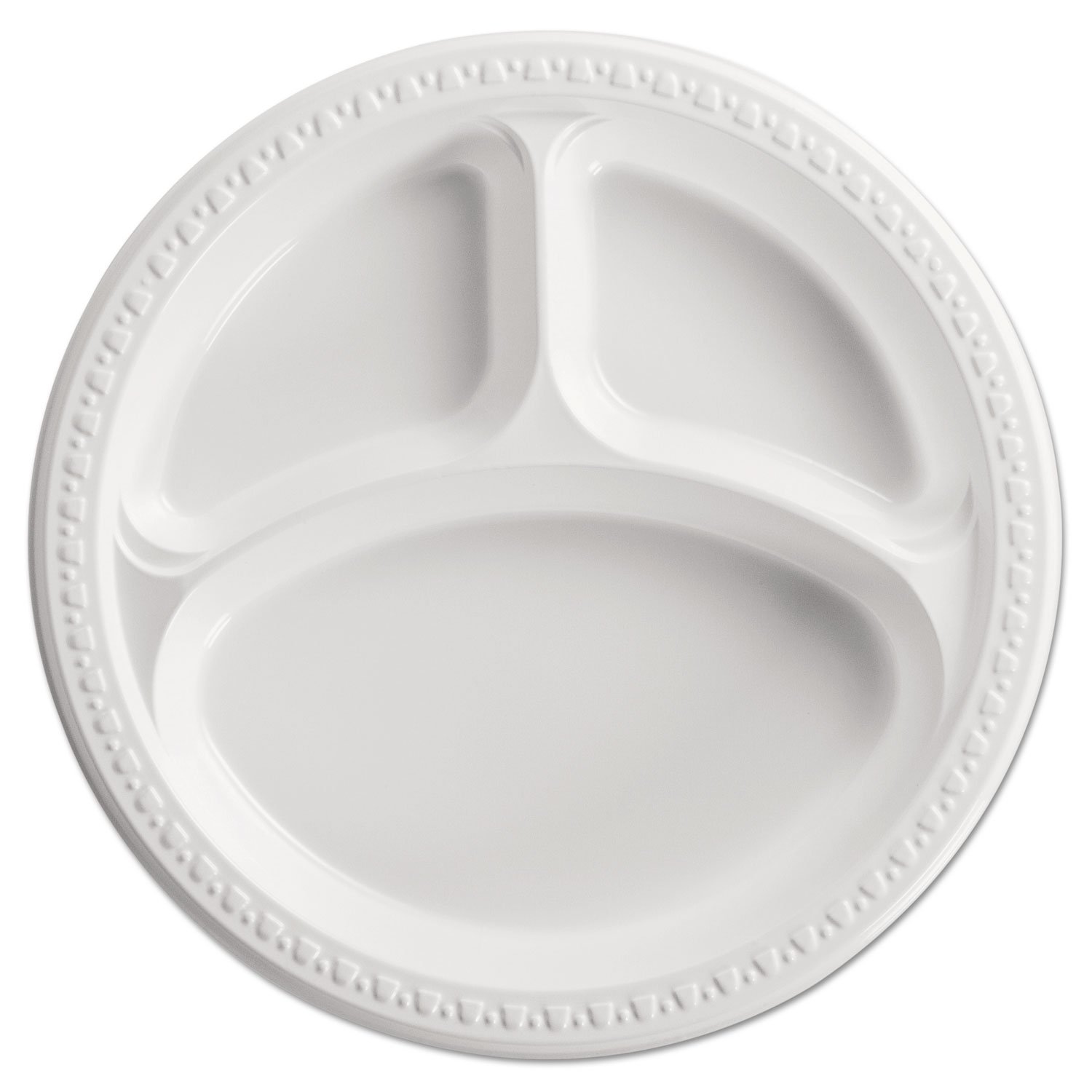 HUH81230 - Heavyweight White Plastic Plates, 10 1/4 Inch Round 3-Compartment Plates, 125-Pack for Parties, Picnics & Catering