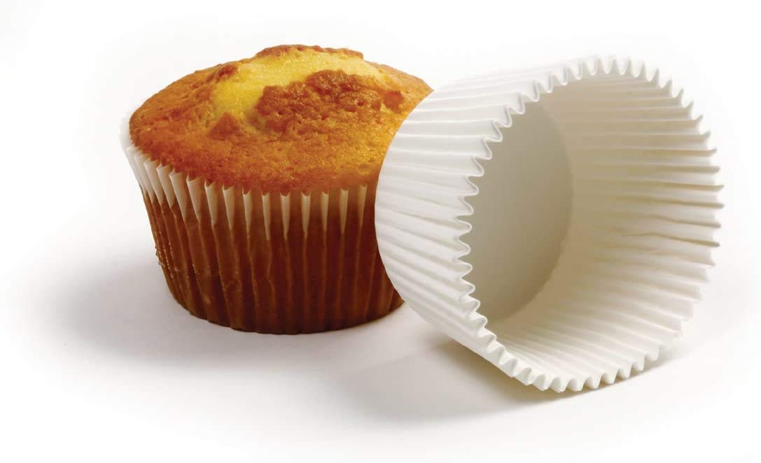 Bakefy 100-Pack White Baking Cups - Premium Paper Liners for Muffins, Cupcakes & Chocolates | Reusable Cake Bakeware for Home Kitchen & Party Baking Supplies | Perfect for Birthday, Wedding & Holiday Desserts