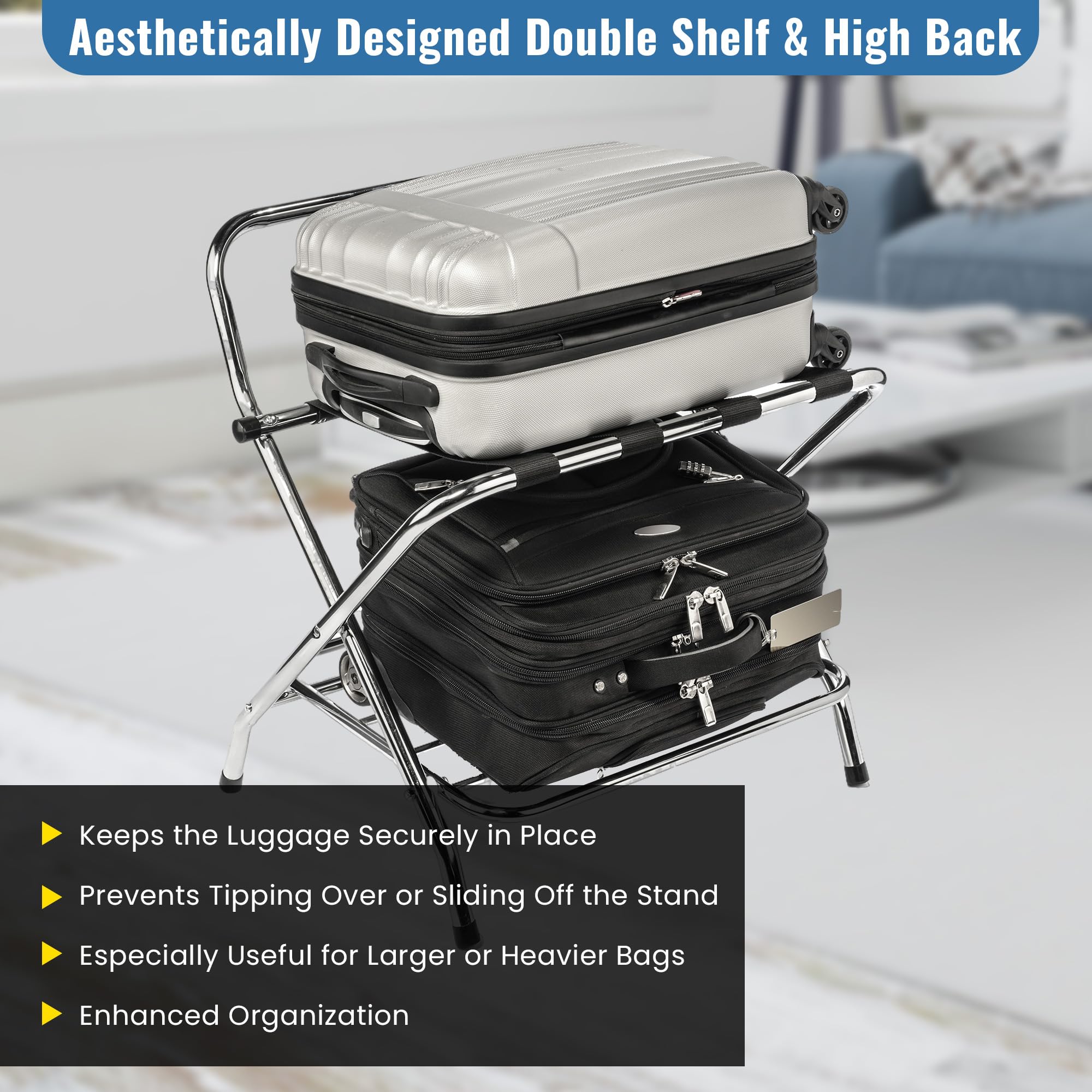 Heavy Duty Foldable Luggage Rack - Metal Suitcase Stand for Bedroom, Hotel & Travel | Space-Saving Folding Storage Rack for Suitcases & Bags (Double Rack High Back, Pack of 2) | Perfect for Guest Rooms, Closet Organization & Small Spaces