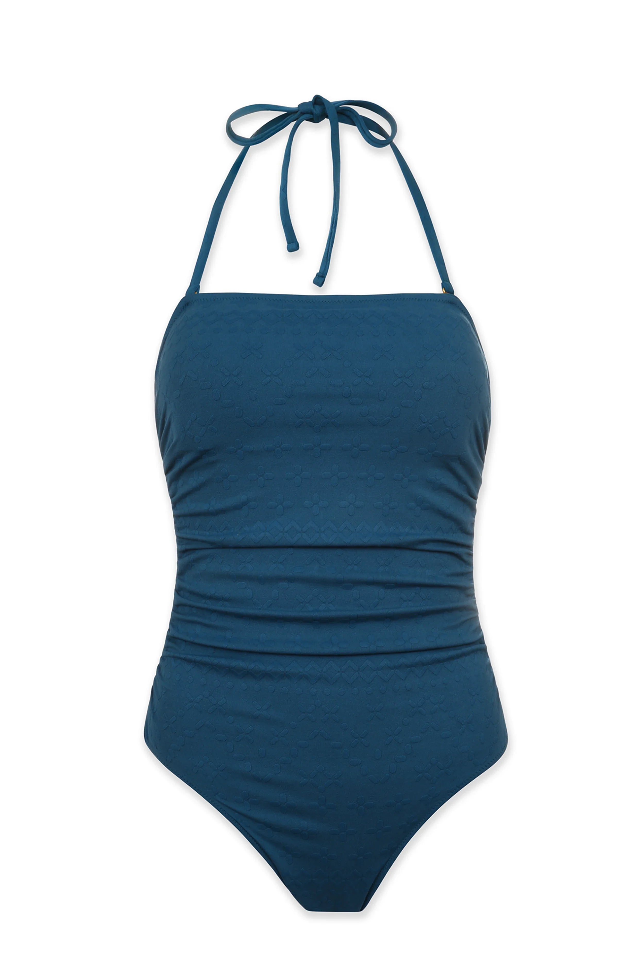 Classic Bandeau One Piece Swimsuit | Jacquard Textured Marine Blue Bathing Suit for Women - Perfect for Beach Vacations, Pool Parties & Summer Getaways