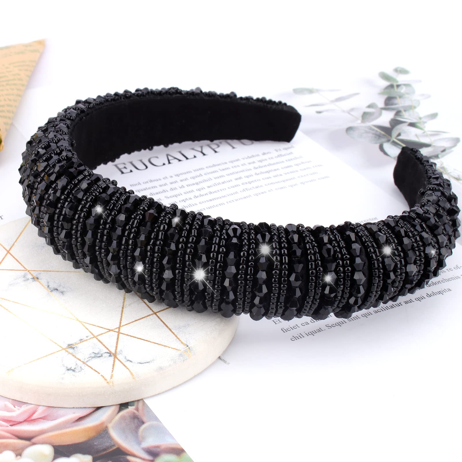 Sparkling Rhinestone Headband for Women - Elegant Crystal Beaded Hair Band with Padded Comfort, Fashionable Bling Accessory for Parties, Weddings & Halloween Gifts (Black) | Perfect Hair Accessory for Women & Girls