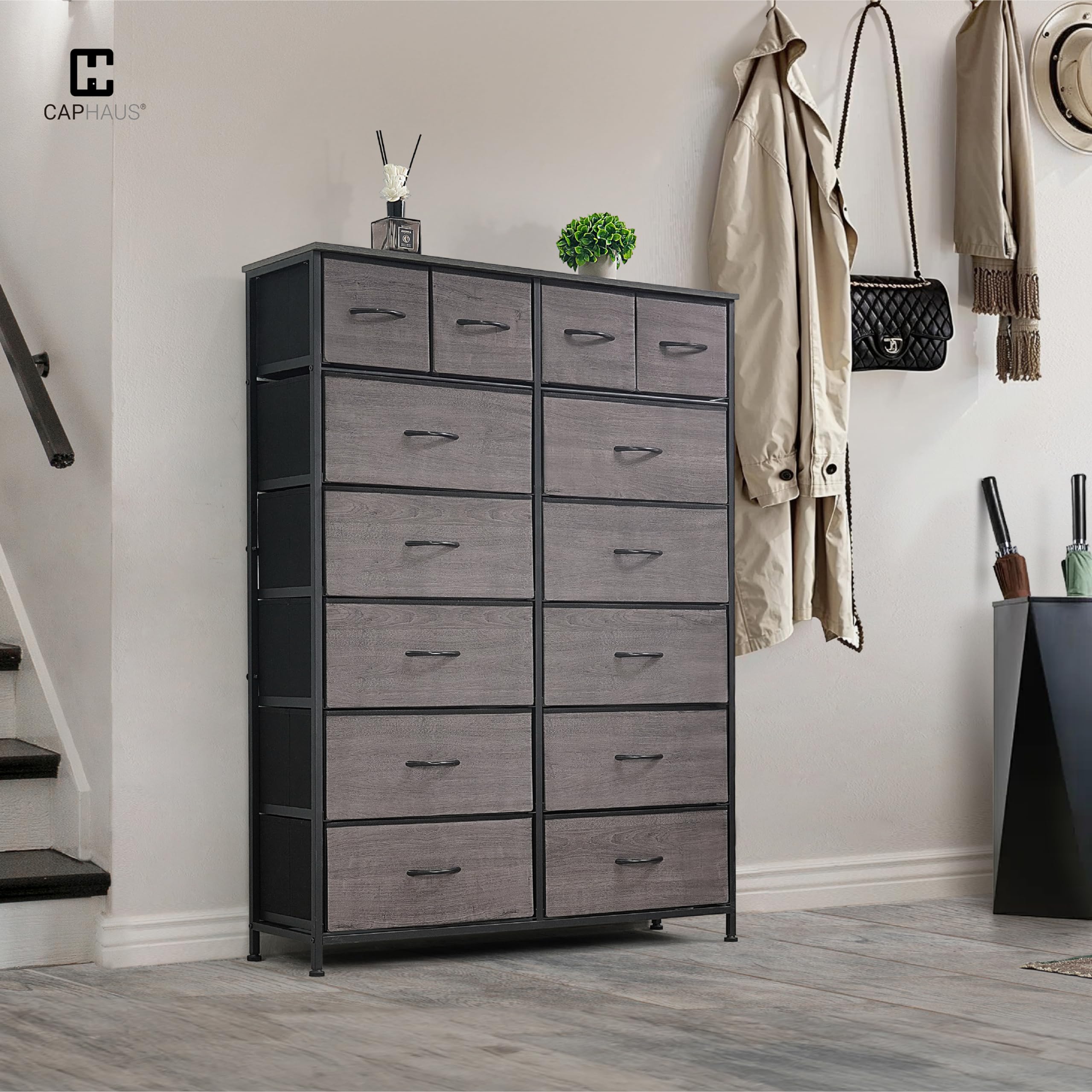 CAPHAUS 14-Bin Fabric Drawer Storage Tower with P2 Board Top - Laundry Organizer, Clothes Sorter, Multi-Purpose Chest of Drawers for Bedroom, Hallway, Office - Grey Oak Storage Solution for Home Organization