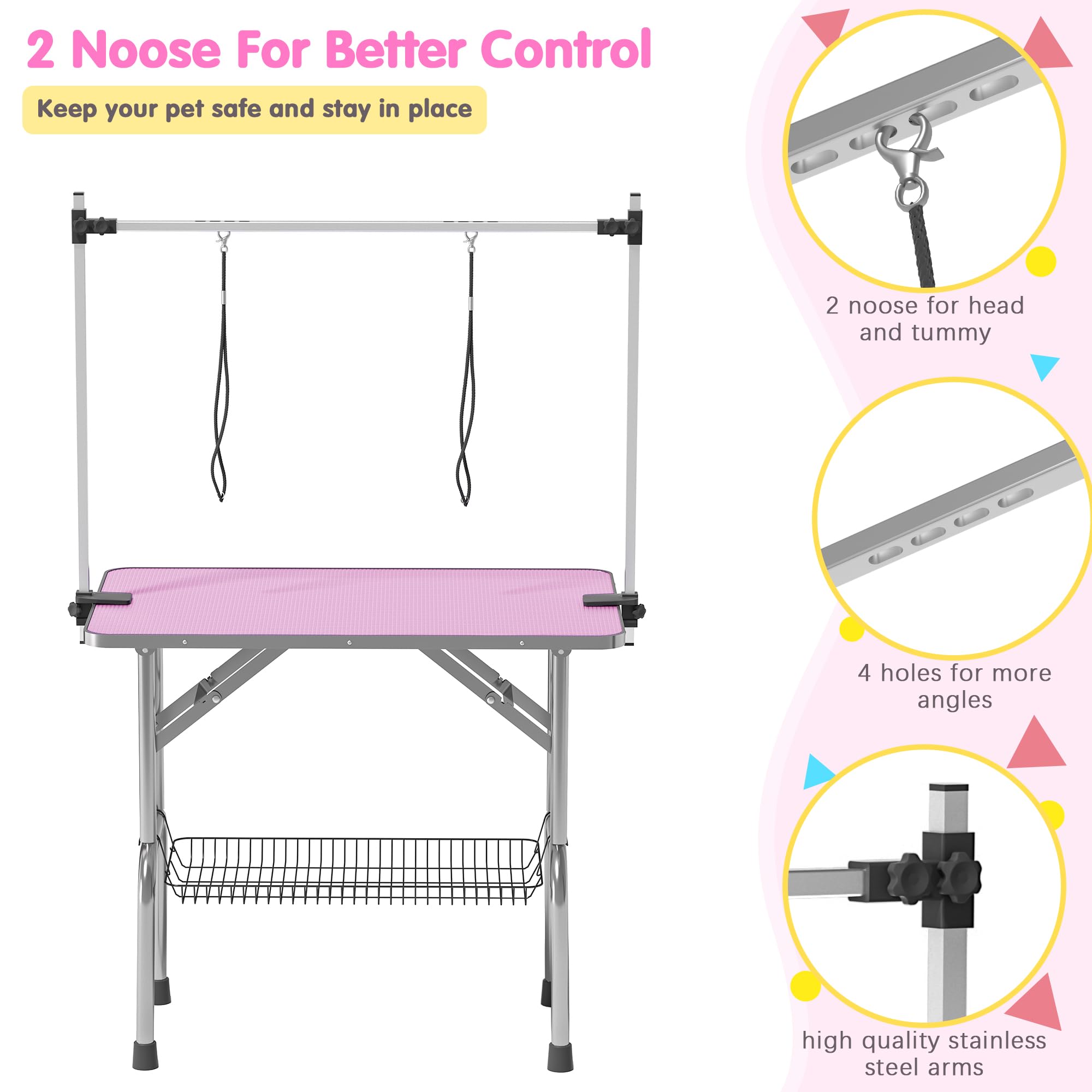 Premium Adjustable Dog Grooming Table - Large Foldable Pet Grooming Station with Safety Arms, Noose & Mesh Tray - Supports Up to 330Lbs - 42 Inch Pink Bathing Desk for Professional & Home Dog Grooming, Washing & Drying