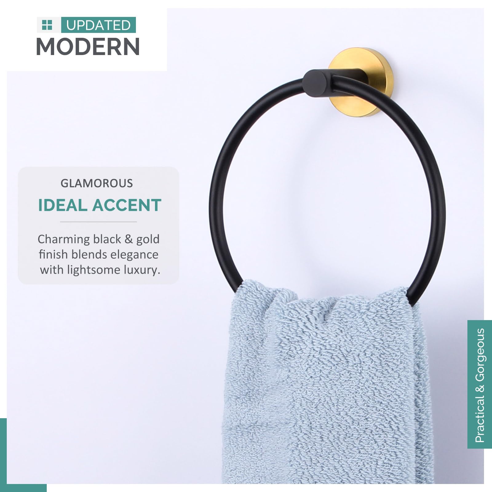 Round Single Towel Hook with Matching Towel Ring Set - Black & Gold Bathroom Accessories for Hanging Towels, Robes & Decor