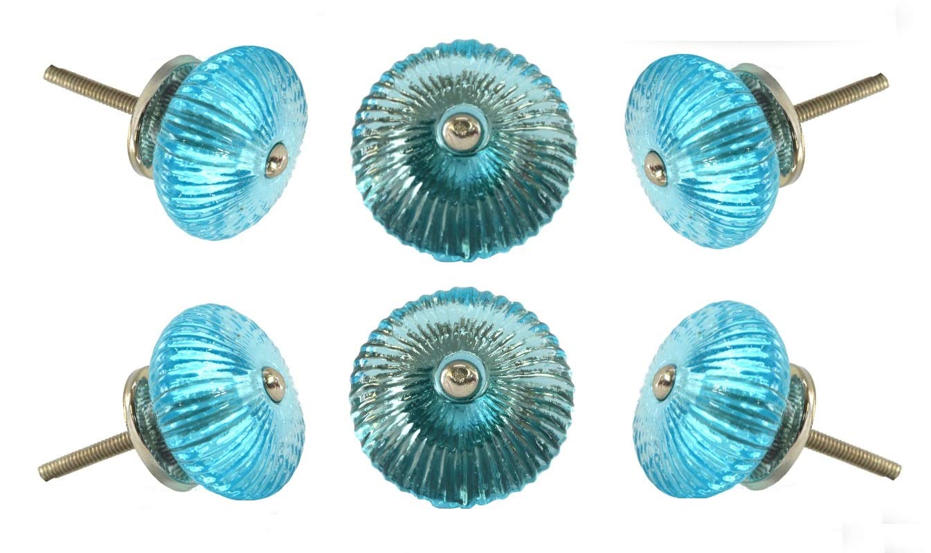 TRINCA-FERRO Set of 6 Blue Ribbed Glass Cabinet Knobs - Round Drawer Pulls for Kitchen, Bathroom, Bedroom & Office Cabinets | Stylish Hardware for Wardrobe, Dresser & Cupboard Doors | Modern Home Decor Upgrade
